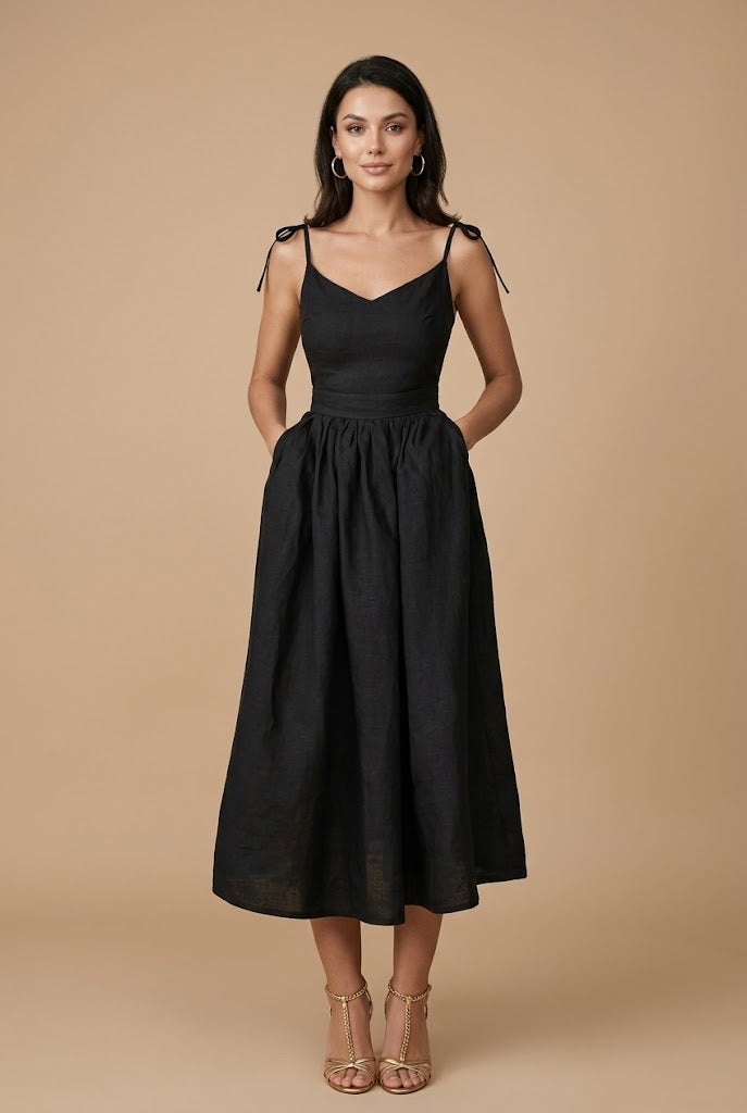 Women’s Cotton Linen Sleeveless Suspender Dress – High Waist, V-Neck, Tie Front