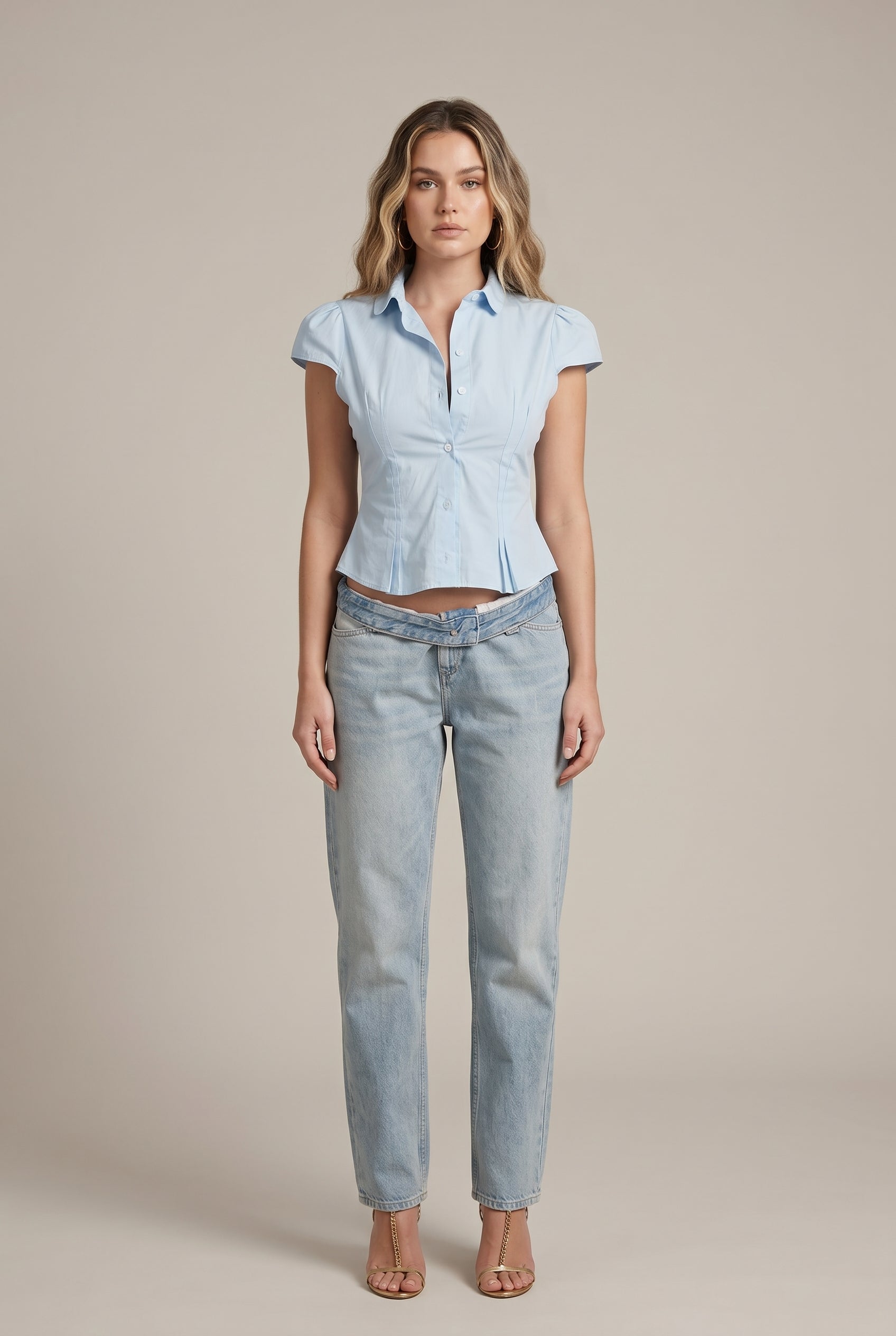 Women's Slim Fit Polo Collar Blouse — Short Sleeve Button-Up Triacetate Top