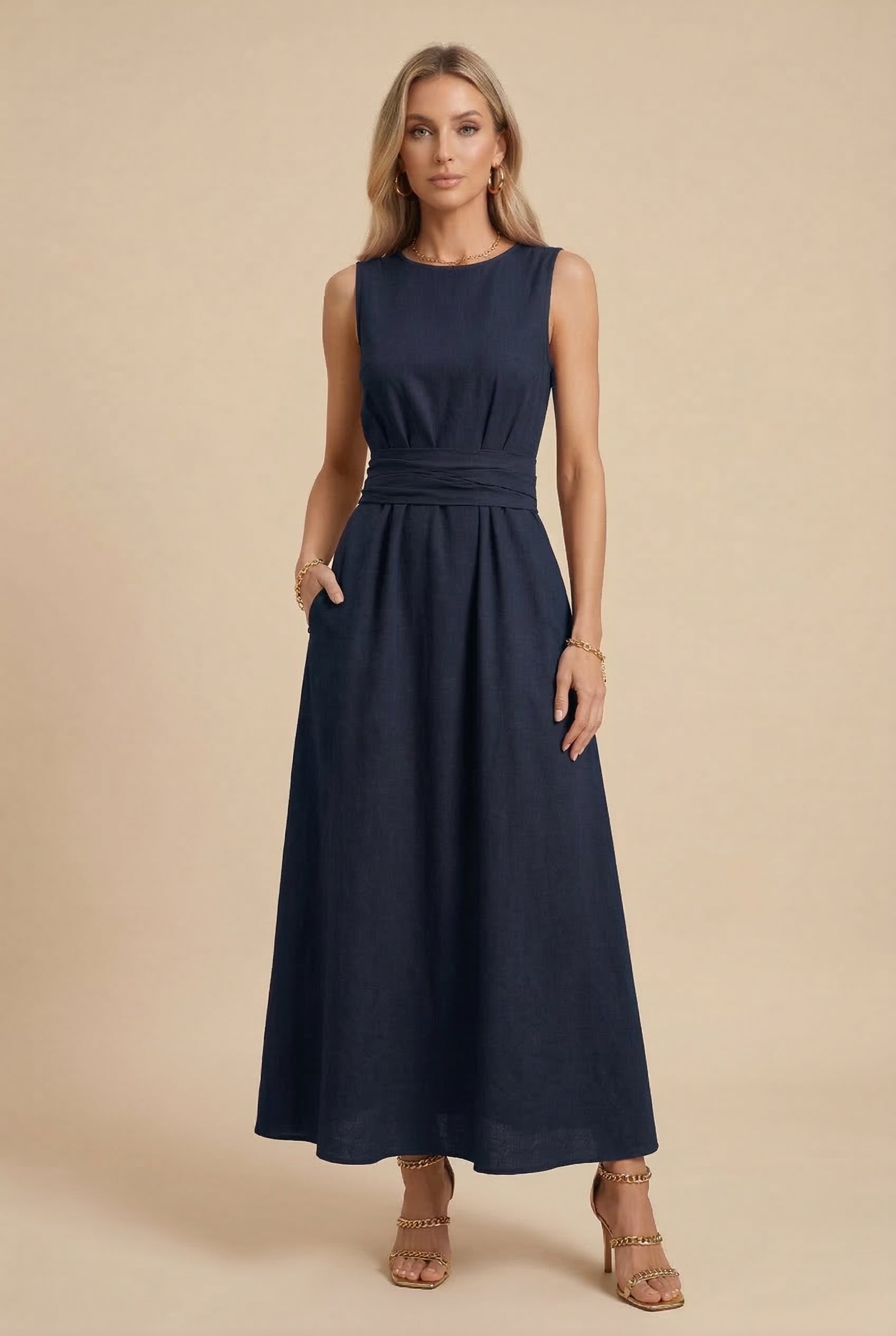 Women's Ice Silk Tie-Waist Sleeveless Dress