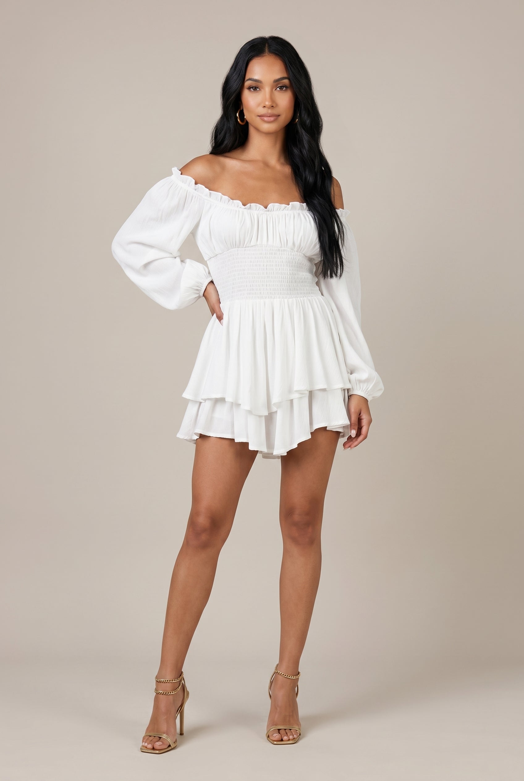 Women's Square Neck Ruffle Trim Mini Dress – Long Lantern Sleeve Loose Fit with Elastic Waist