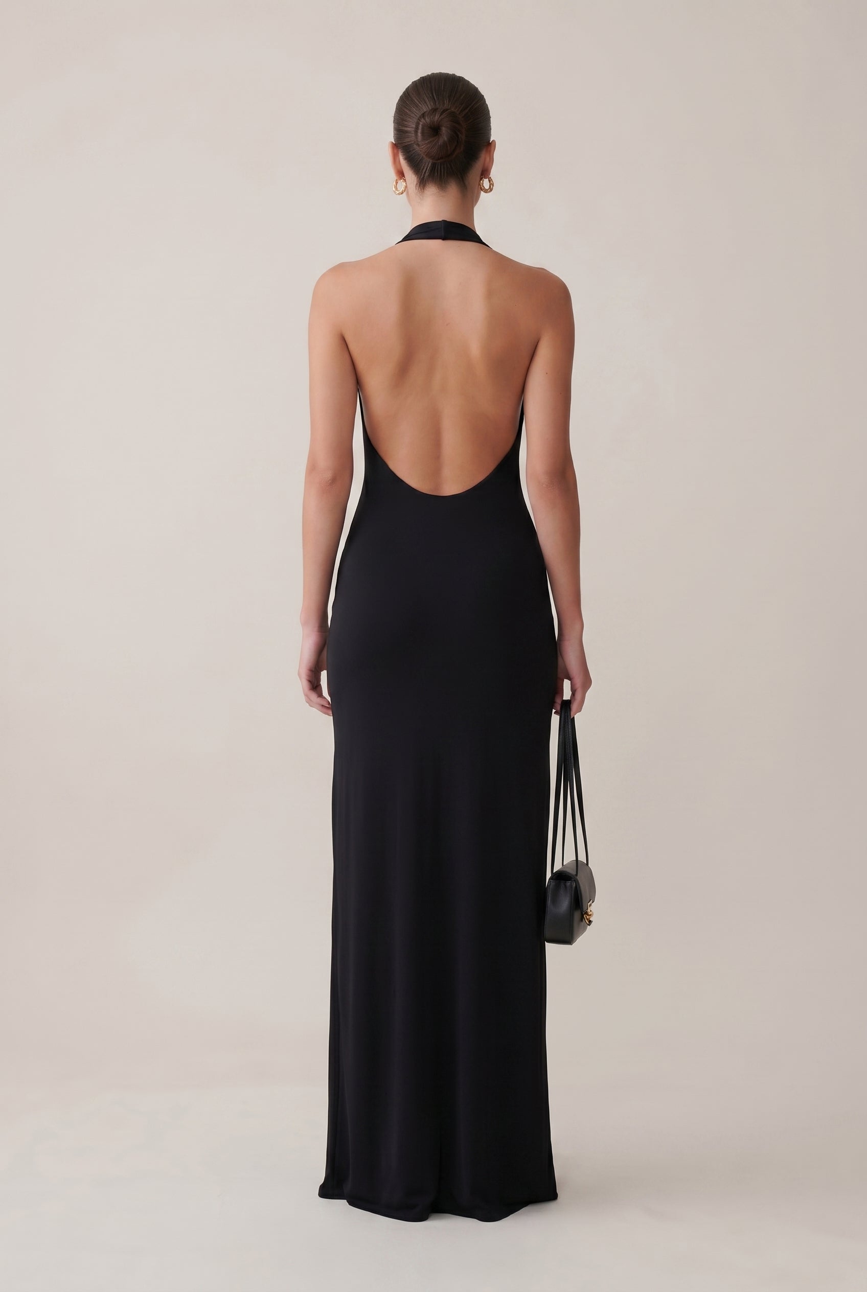 Women's Black Halter Neck Maxi Dress – Backless Sleeveless Slim Fit Mid-Waist Evening Gown