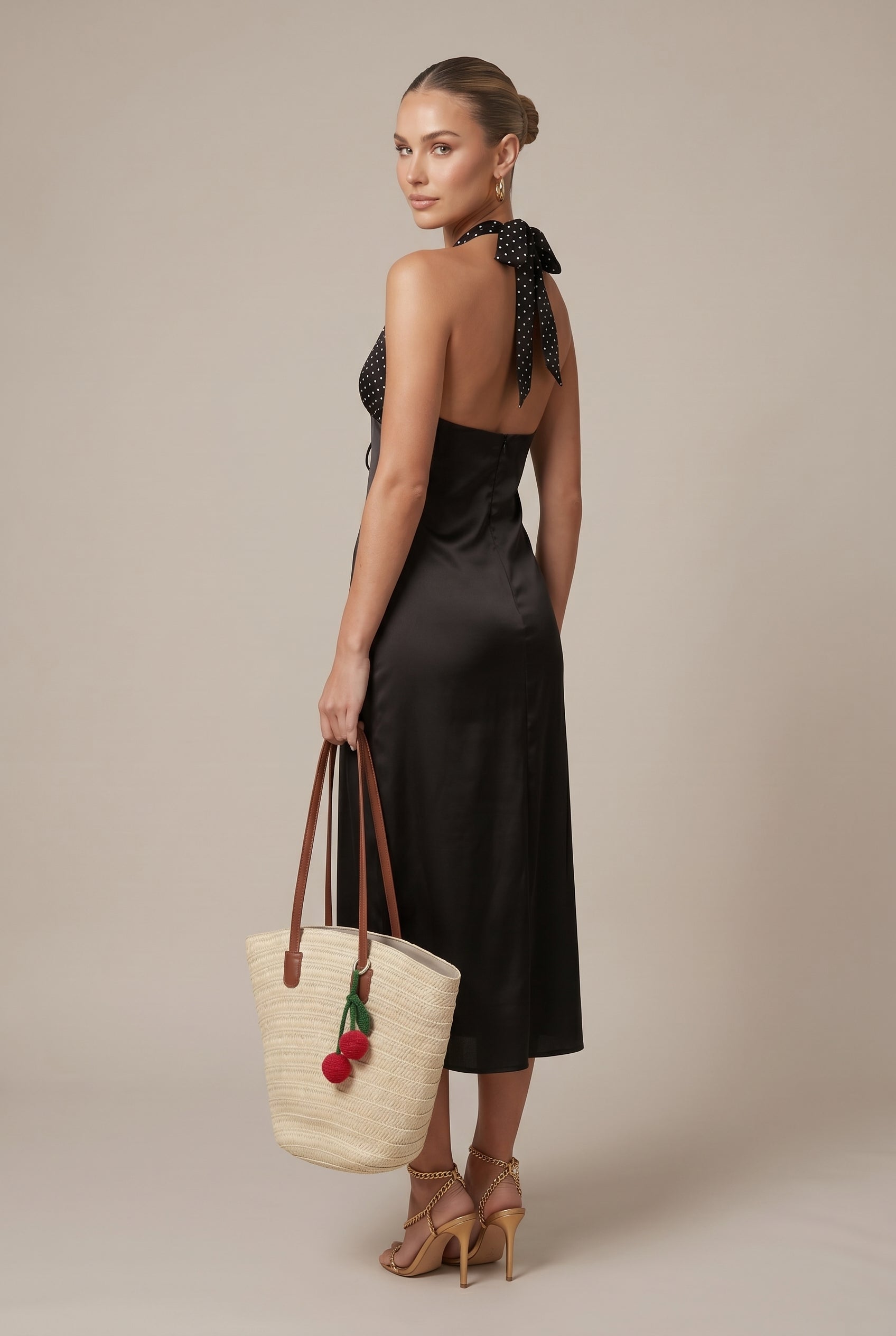 Women's Chic Polka Dot Halter Neck Maxi Dress – Deep V-Neck A-Line Sleeveless Long Dress with Adjustable Waist