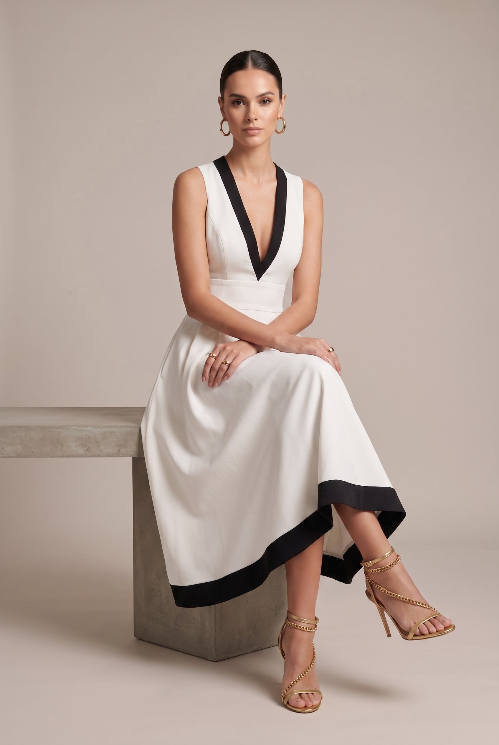 Women's Color Block Sleeveless V-Neck Midi Dress – Slim Fit High-Waisted Patchwork Pullover