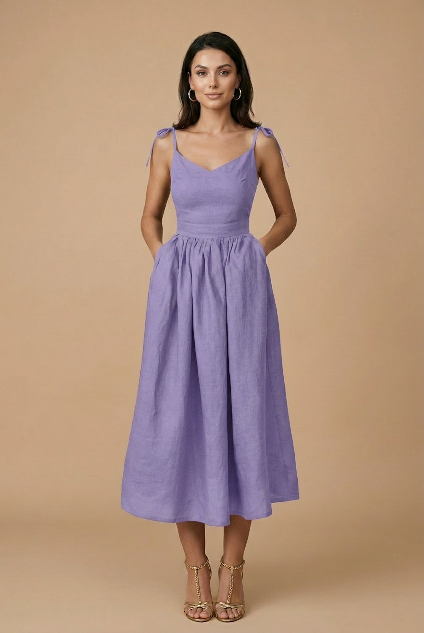 Women’s Cotton Linen Sleeveless Suspender Dress – High Waist, V-Neck, Tie Front