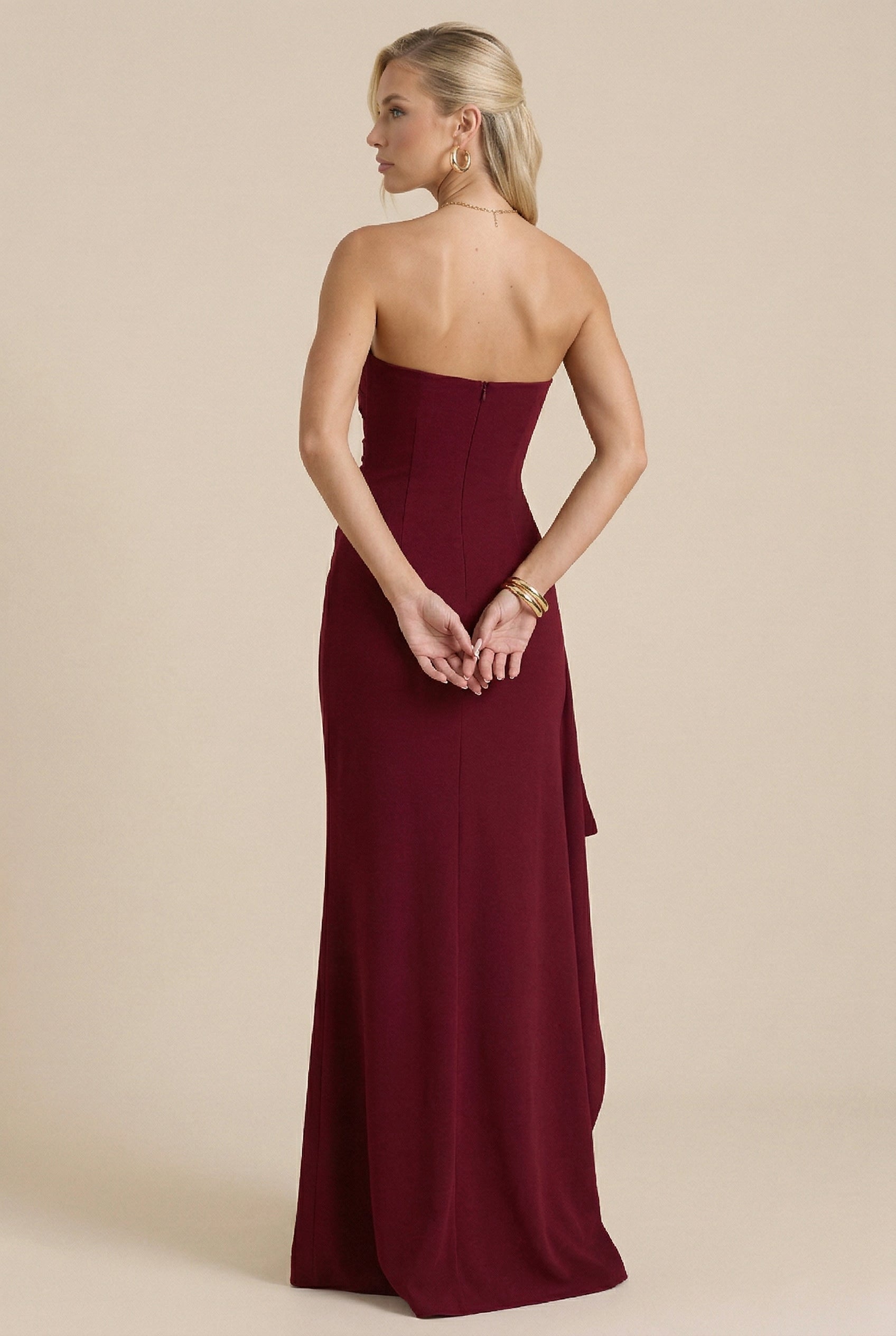 Women's Tube Top Dress with High Slit and Pleated Details