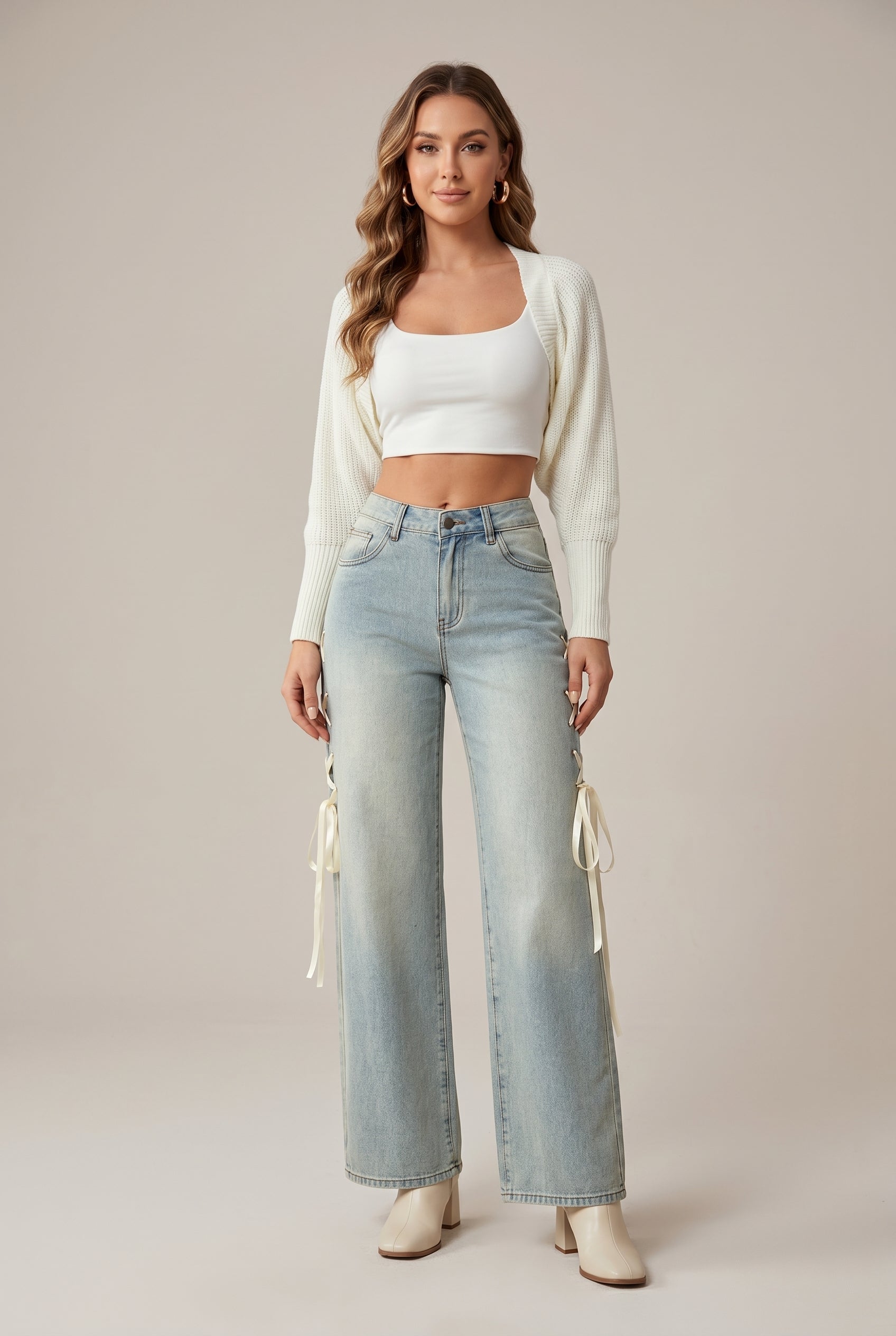 Women's Wide-Leg High-Waisted Denim Jeans – Straight Cut Stretch Denim with Side Ribbon Bow Detail