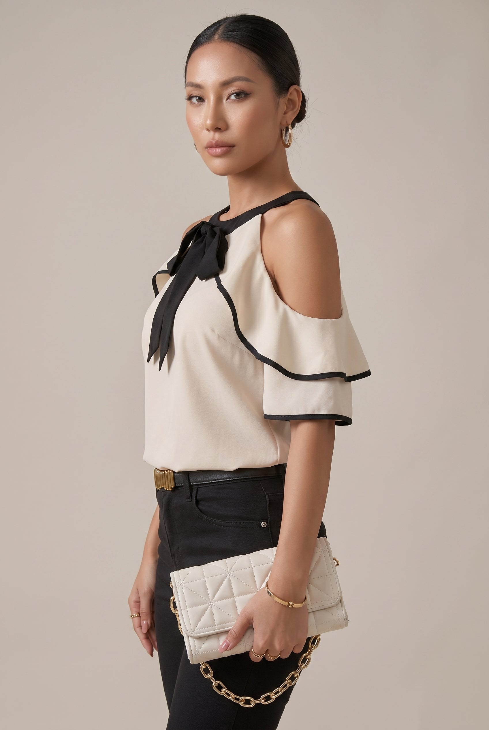 Women's Bow-Tie Collar Pullover Blouse — Short Sleeve U-Neck Polyester Work Top