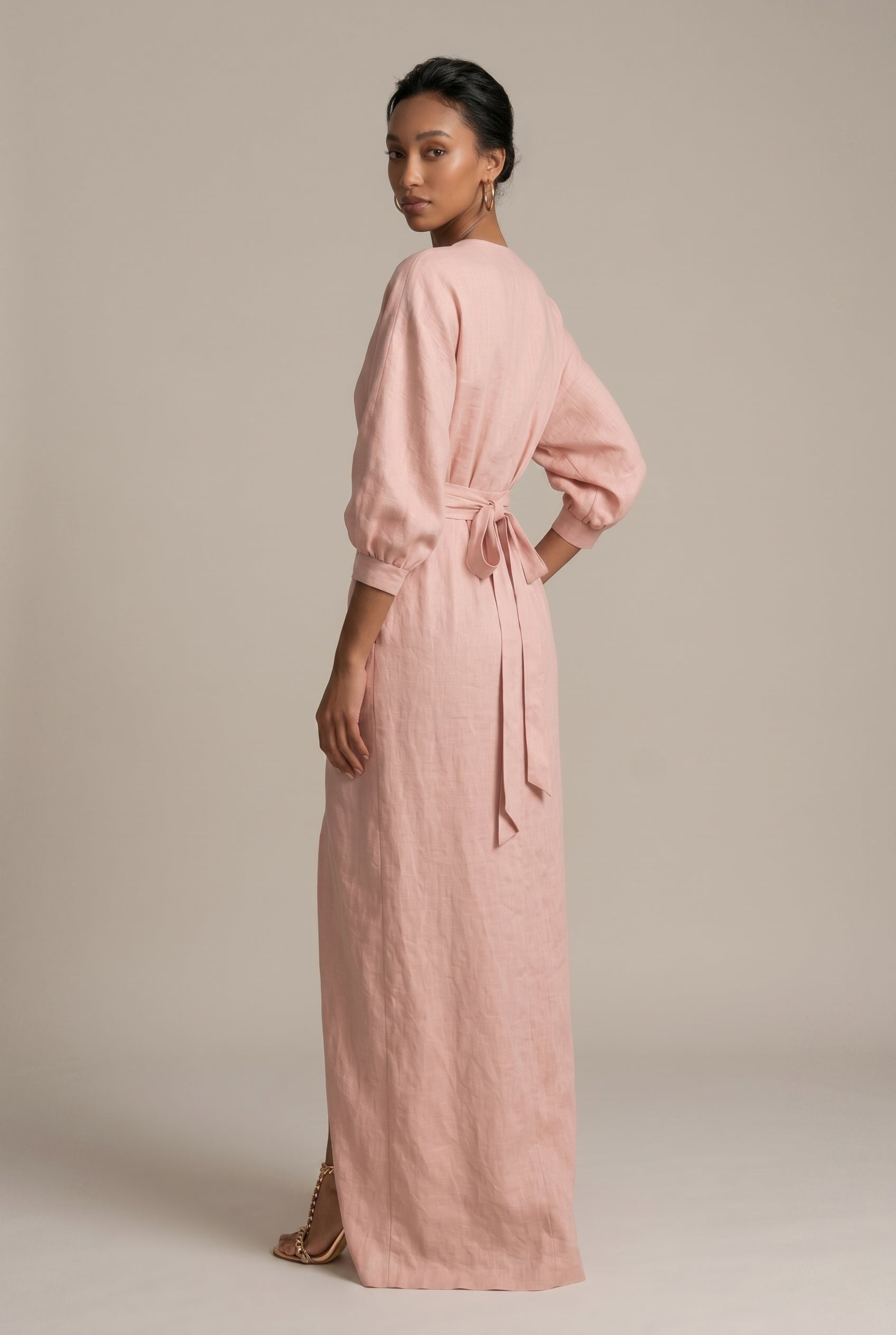 Women's V-Neck Belted Maxi Dress – Long Sleeve Side Slit Straight Skirt Formal Dress Luna Body Co