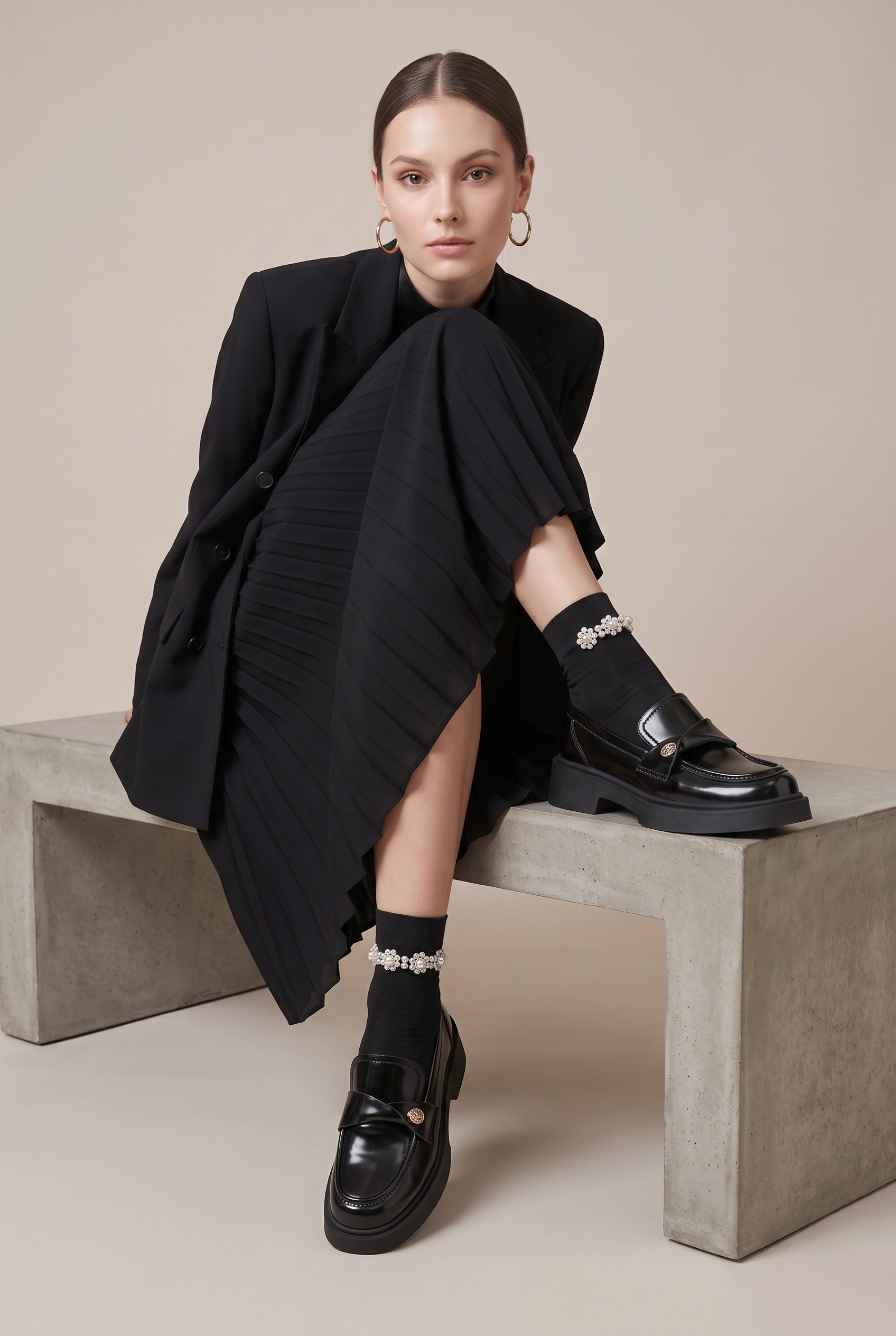 Crescent | French Gold Coin Loafers Chunky Heel Slip-On Round-Toe Leather Shoes