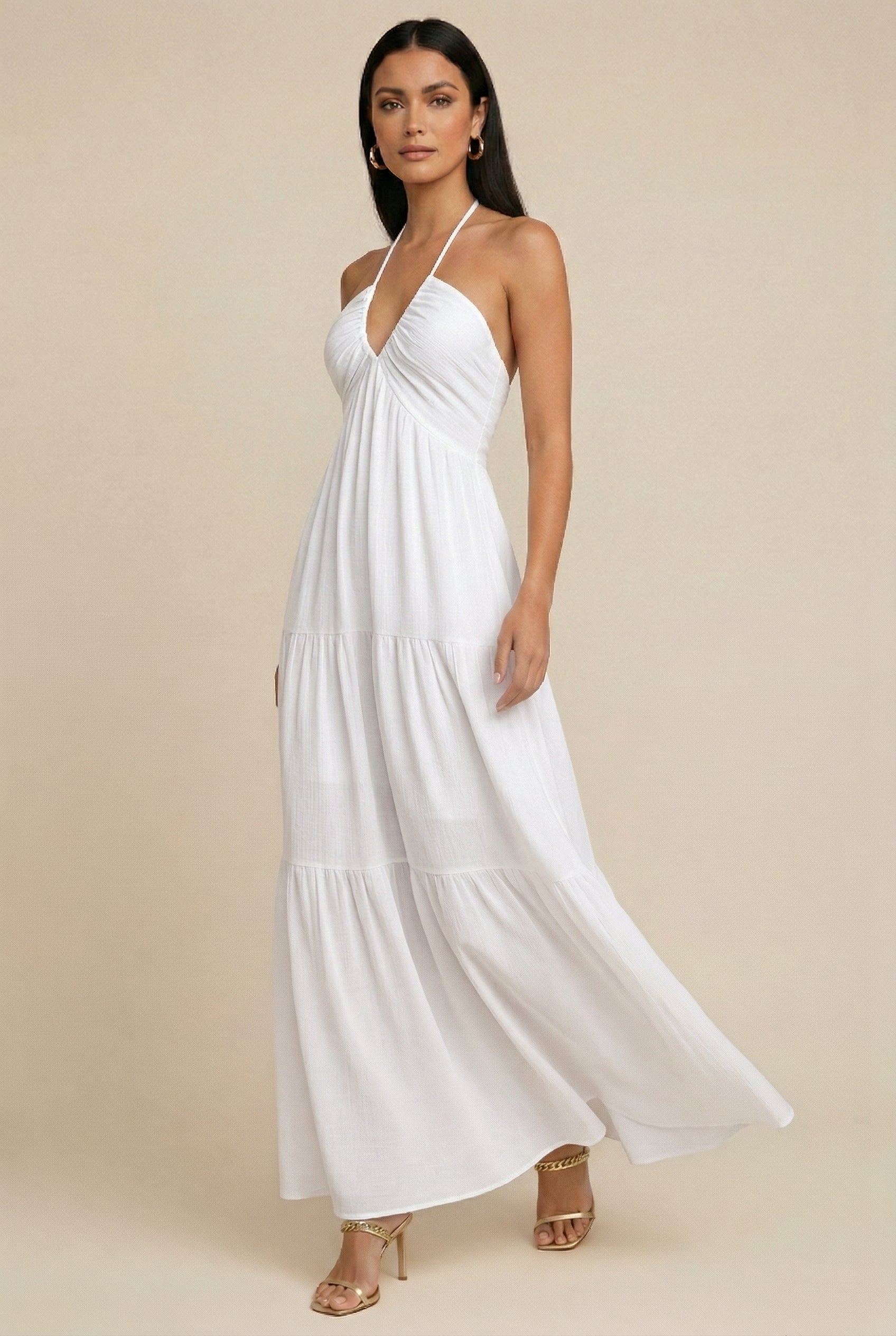 White Pleated V-Neck Sleeveless Dress Luna Body Co