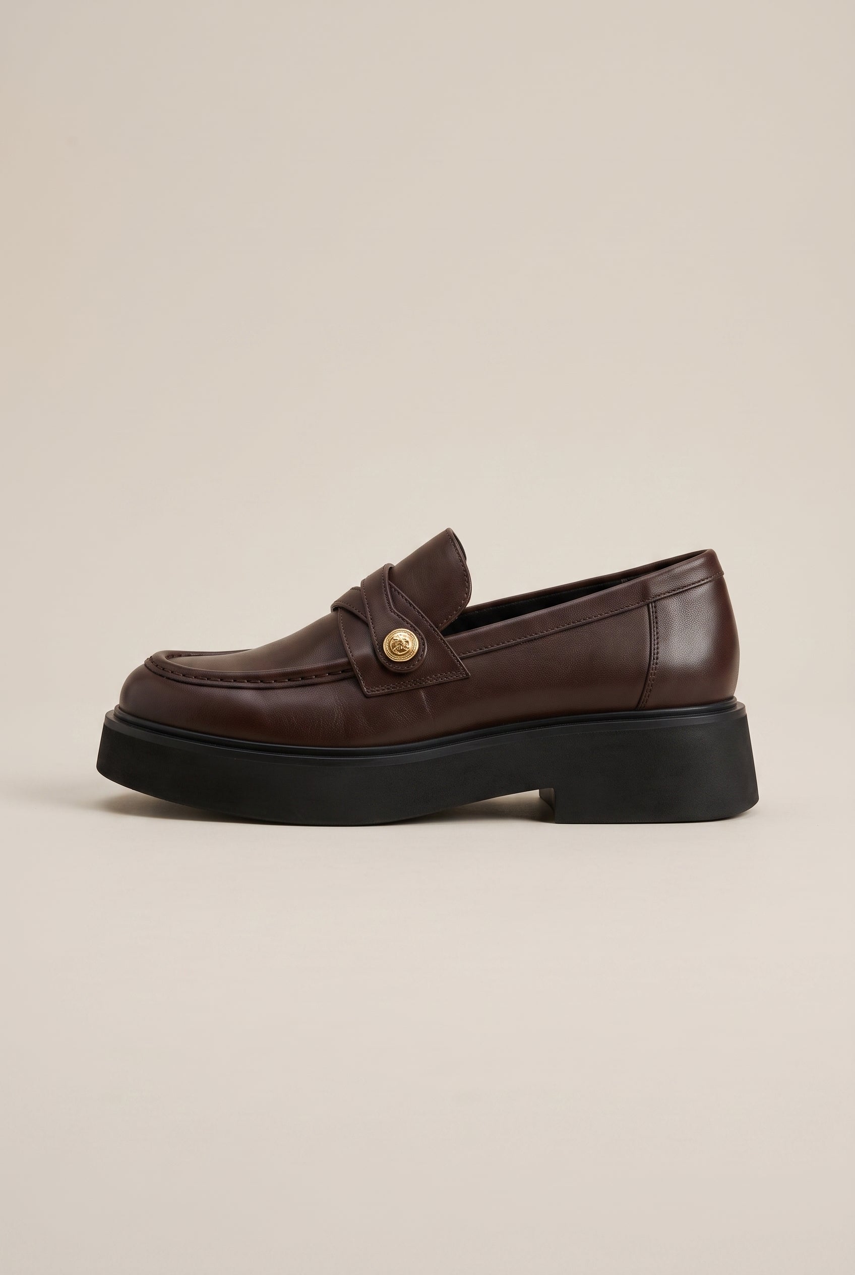 Crescent | French Gold Coin Loafers Chunky Heel Slip-On Round-Toe Leather Shoes