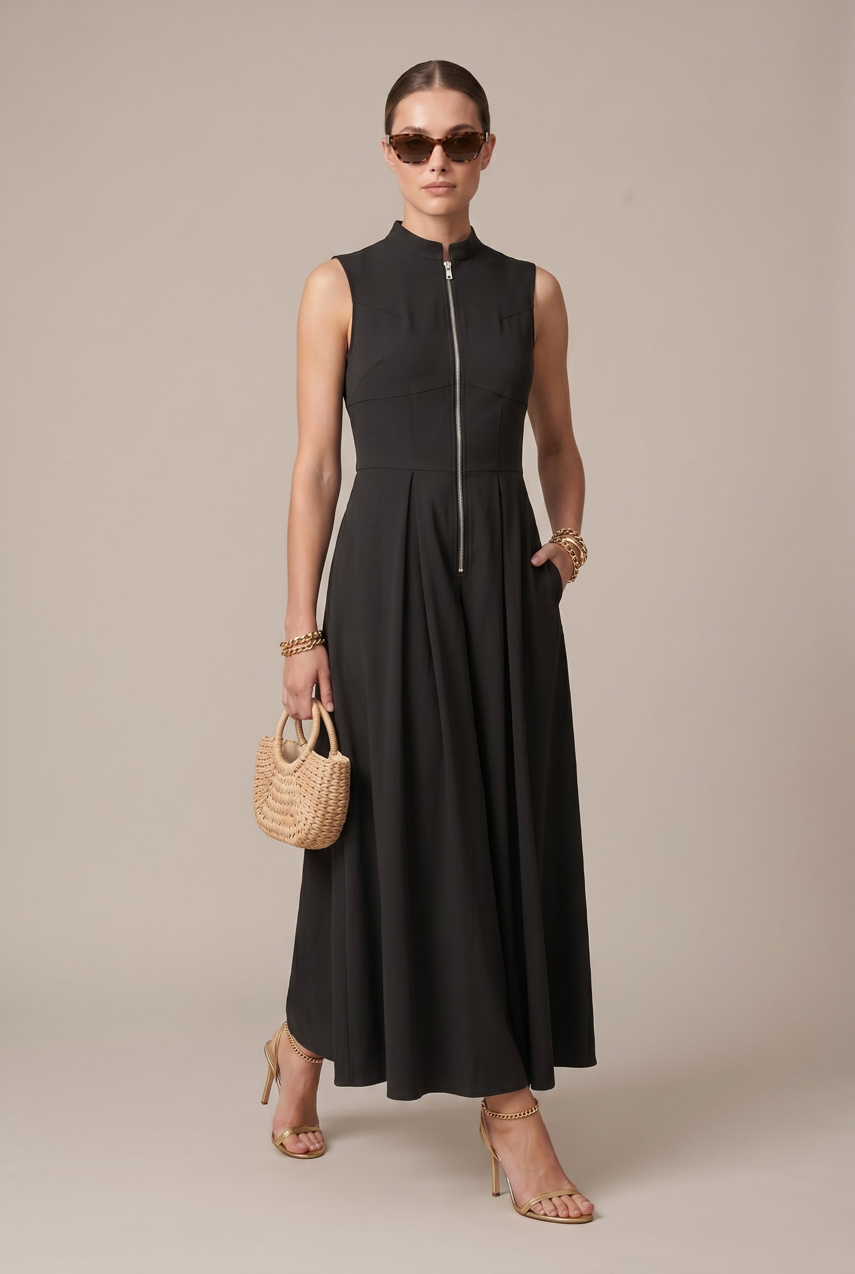 Women's A-Line Sleeveless Midi Dress – Round Neck Slim Fit French Style Solid Color