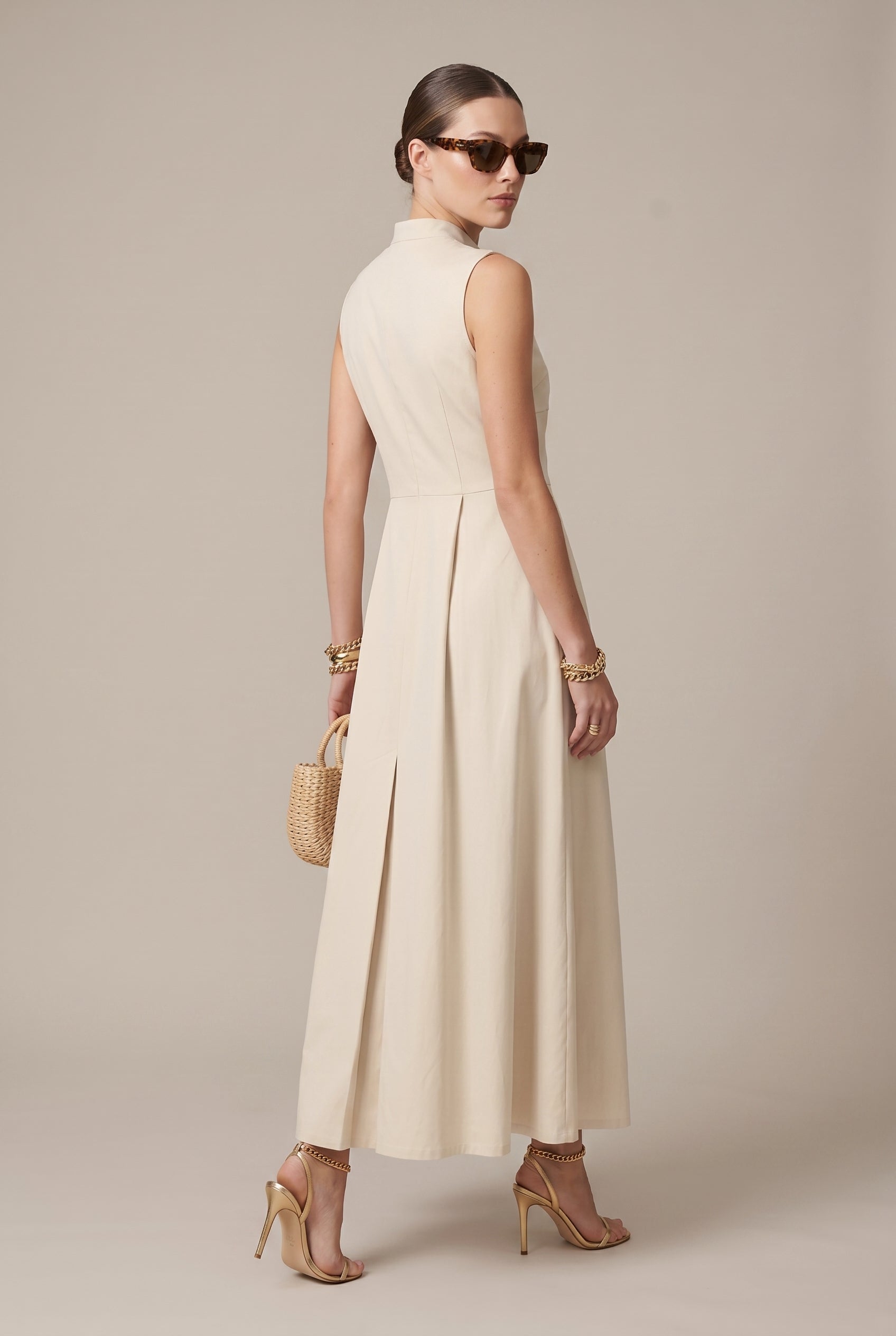 Women's A-Line Sleeveless Midi Dress – Round Neck Slim Fit French Style Solid Color