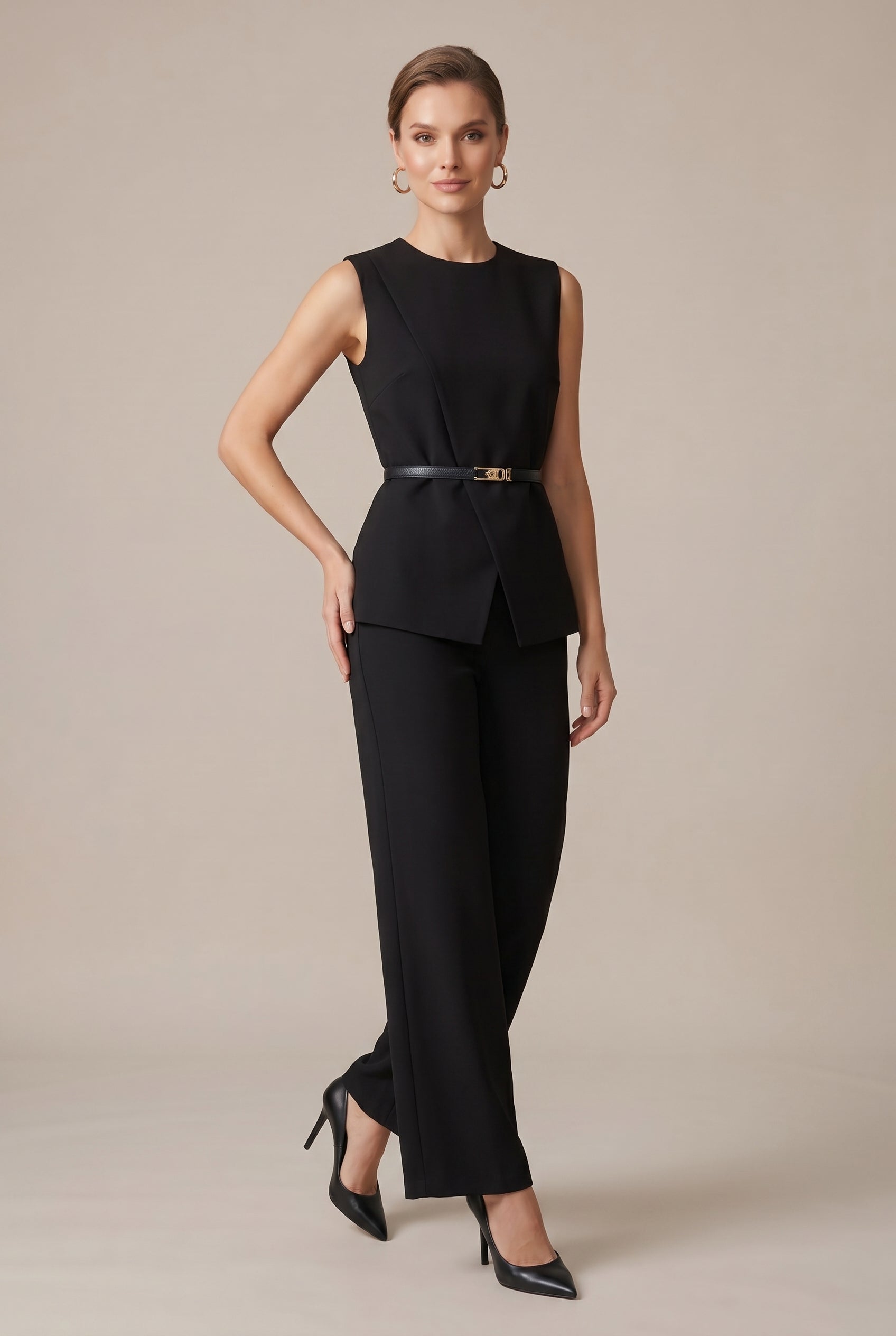 Women's Sleeveless Two-Piece Pants Suit – Casual Solid Color Elastic Waist Top & Full-Length Trousers Set