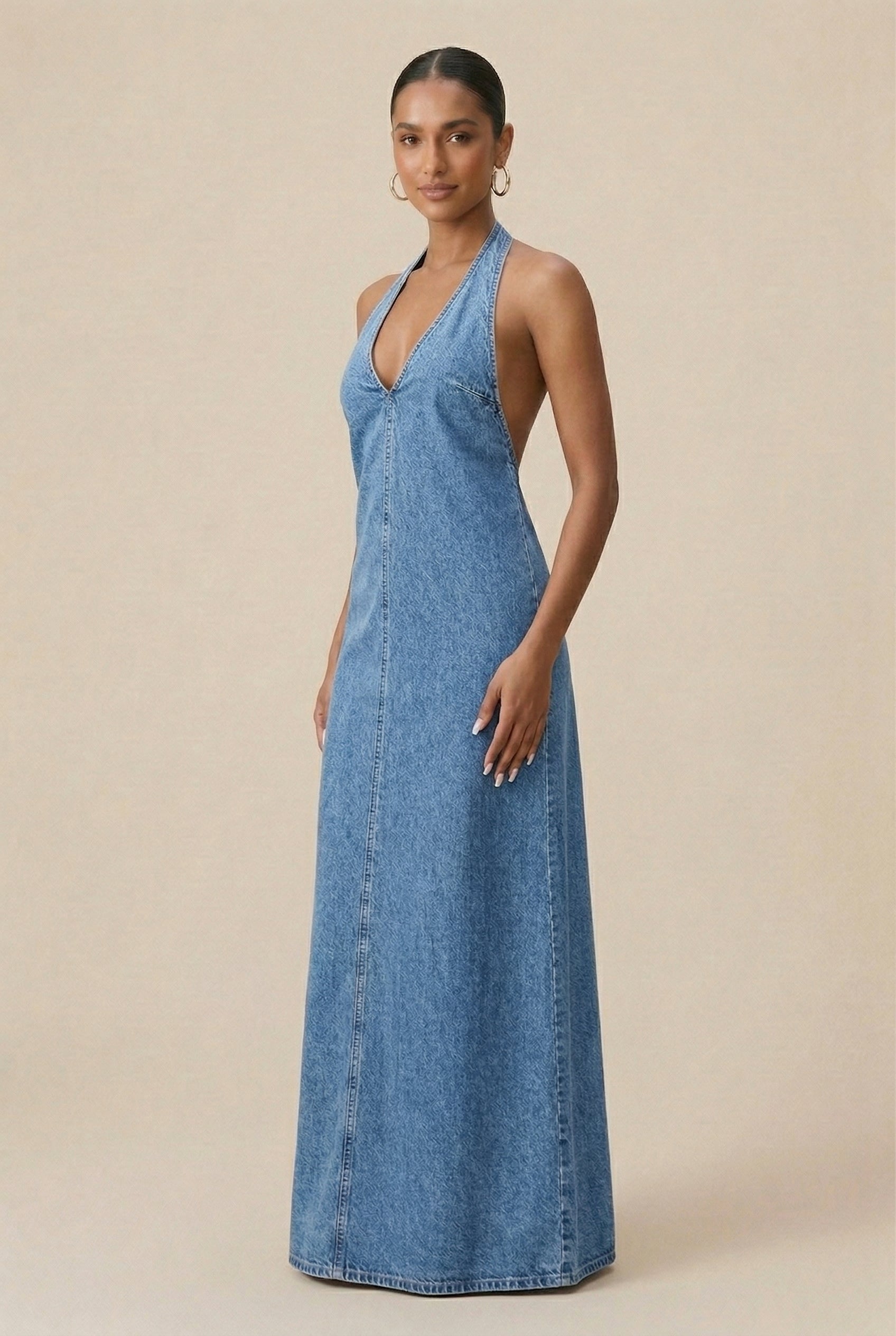 Women’s Halter Denim Maxi Dress – Sleeveless Button-Front