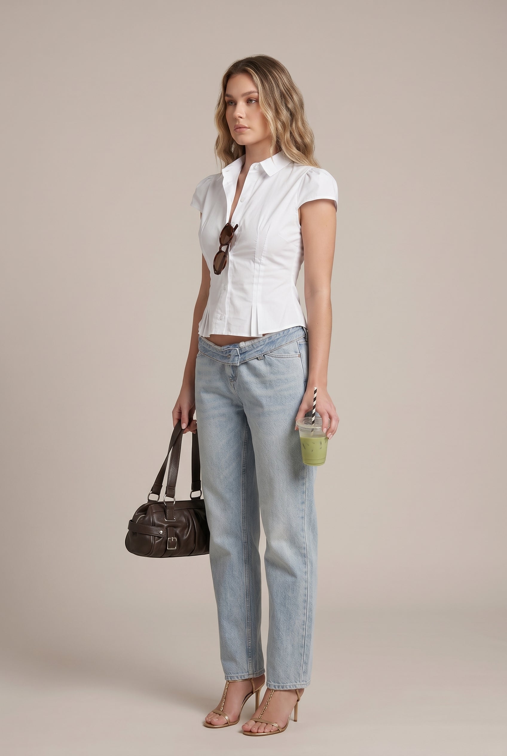 Women's Slim Fit Polo Collar Blouse — Short Sleeve Button-Up Triacetate Top