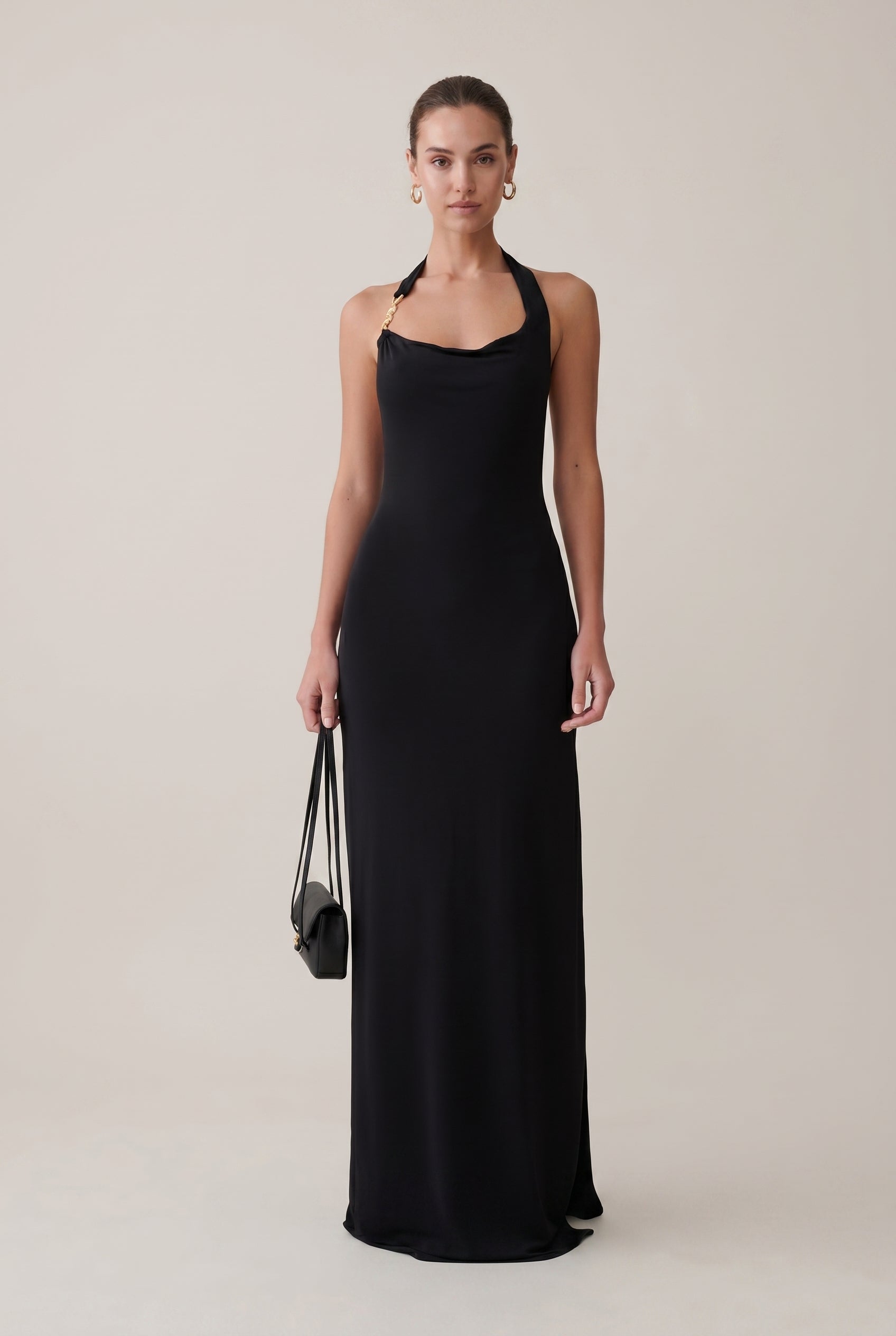 Women's Black Halter Neck Maxi Dress – Backless Sleeveless Slim Fit Mid-Waist Evening Gown
