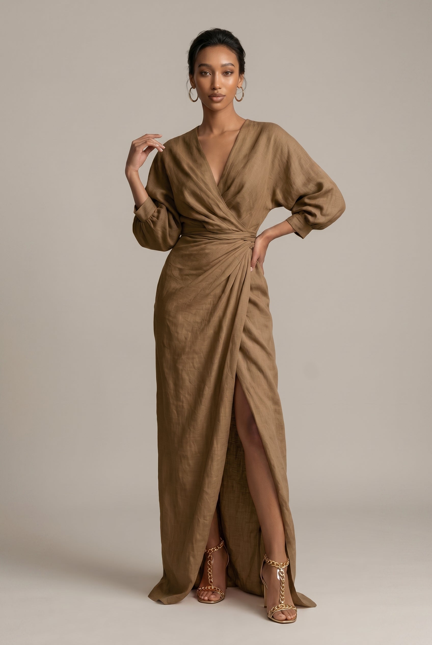 Women's V-Neck Belted Maxi Dress – Long Sleeve Side Slit Straight Skirt Formal Dress Luna Body Co