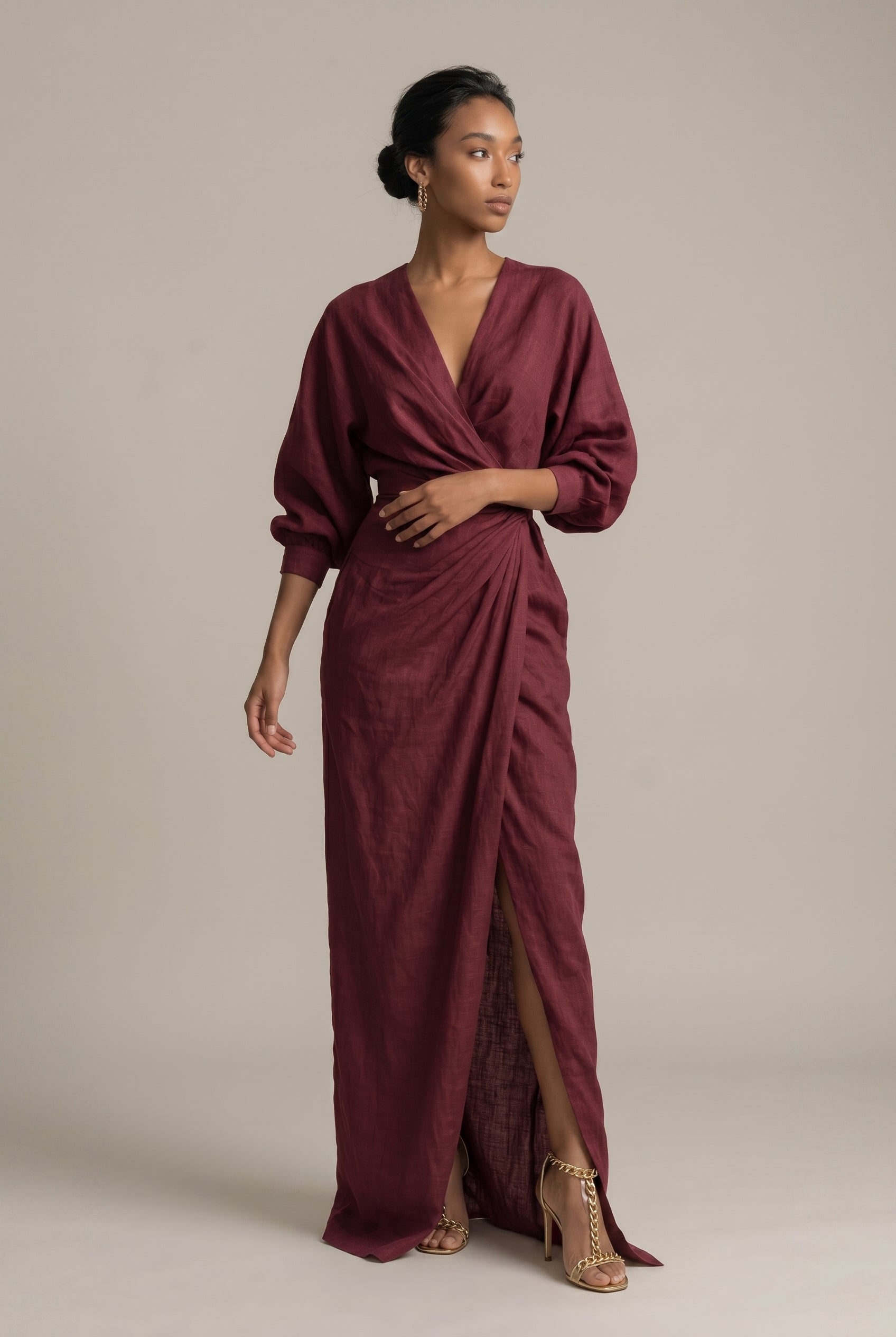 Women's V-Neck Belted Maxi Dress – Long Sleeve Side Slit Straight Skirt Formal Dress Luna Body Co