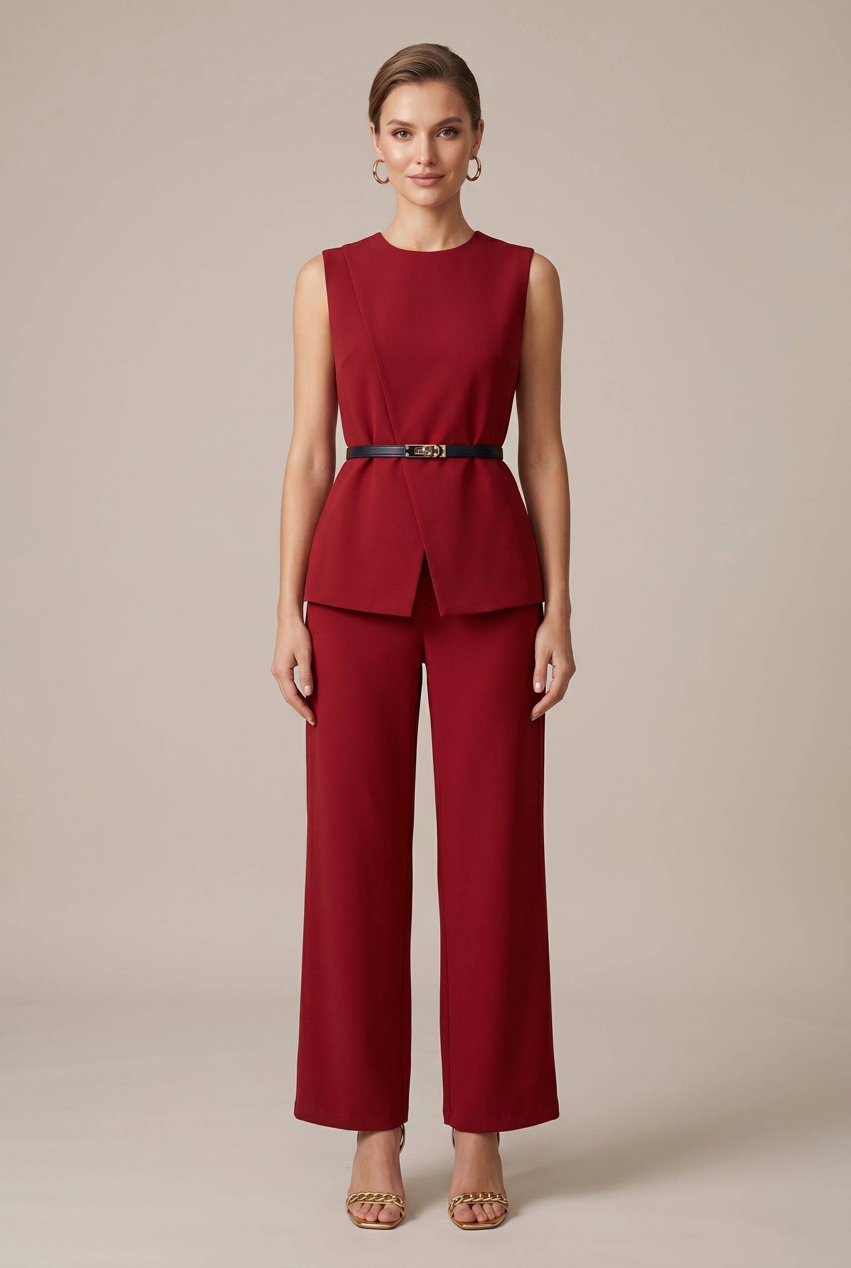 Women's Sleeveless Two-Piece Pants Suit – Casual Solid Color Elastic Waist Top & Full-Length Trousers Set