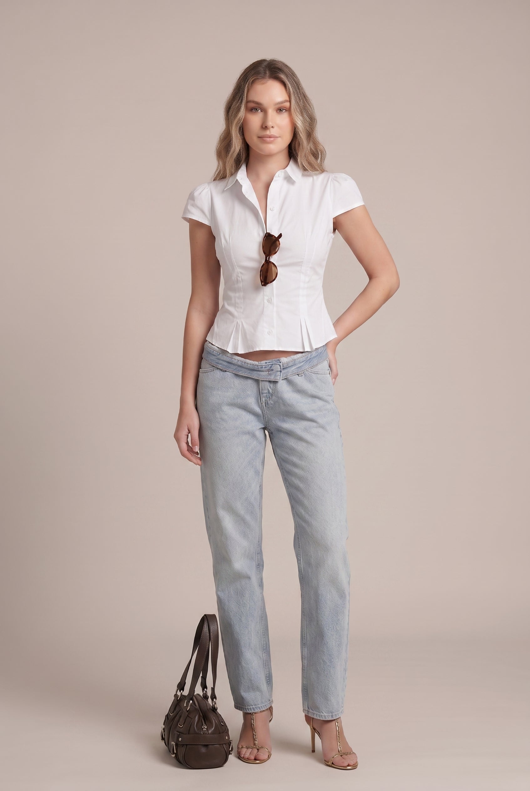 Women's Slim Fit Polo Collar Blouse — Short Sleeve Button-Up Triacetate Top