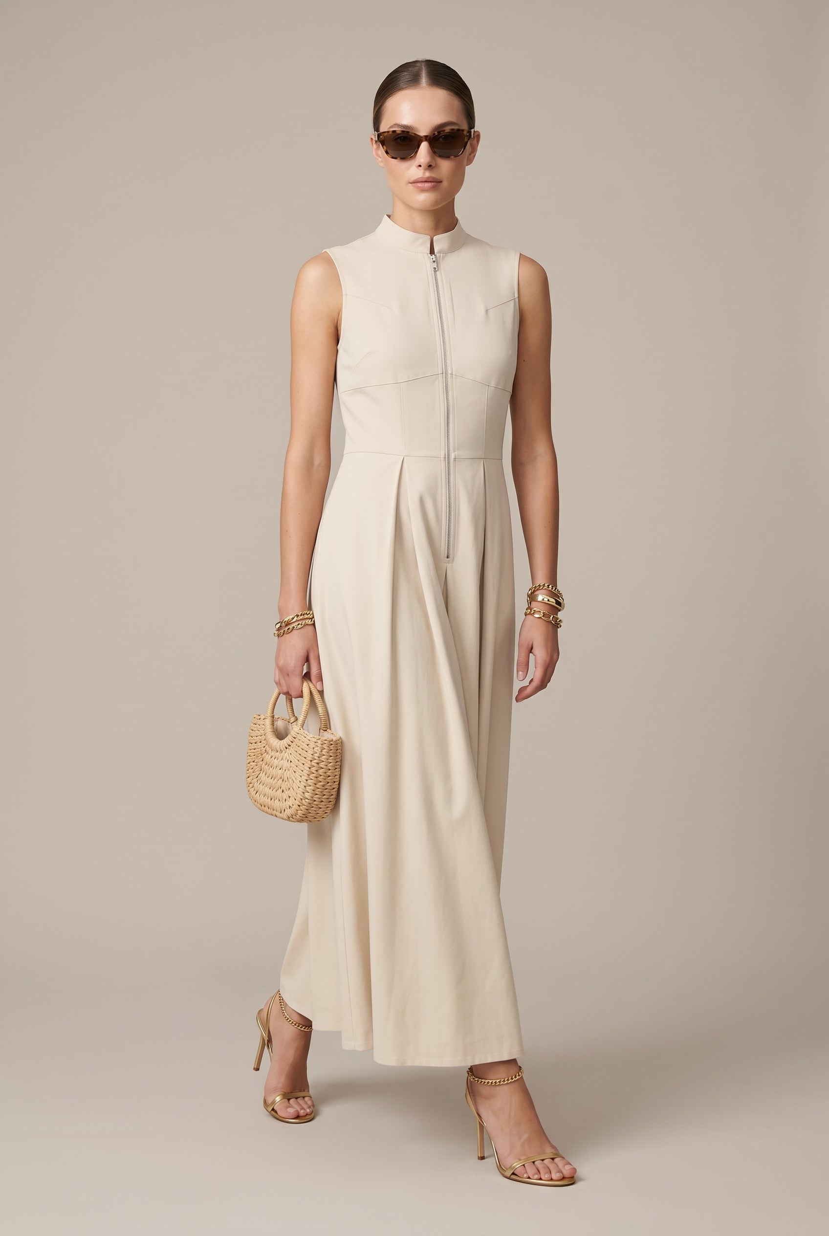 Women's A-Line Sleeveless Midi Dress – Round Neck Slim Fit French Style Solid Color