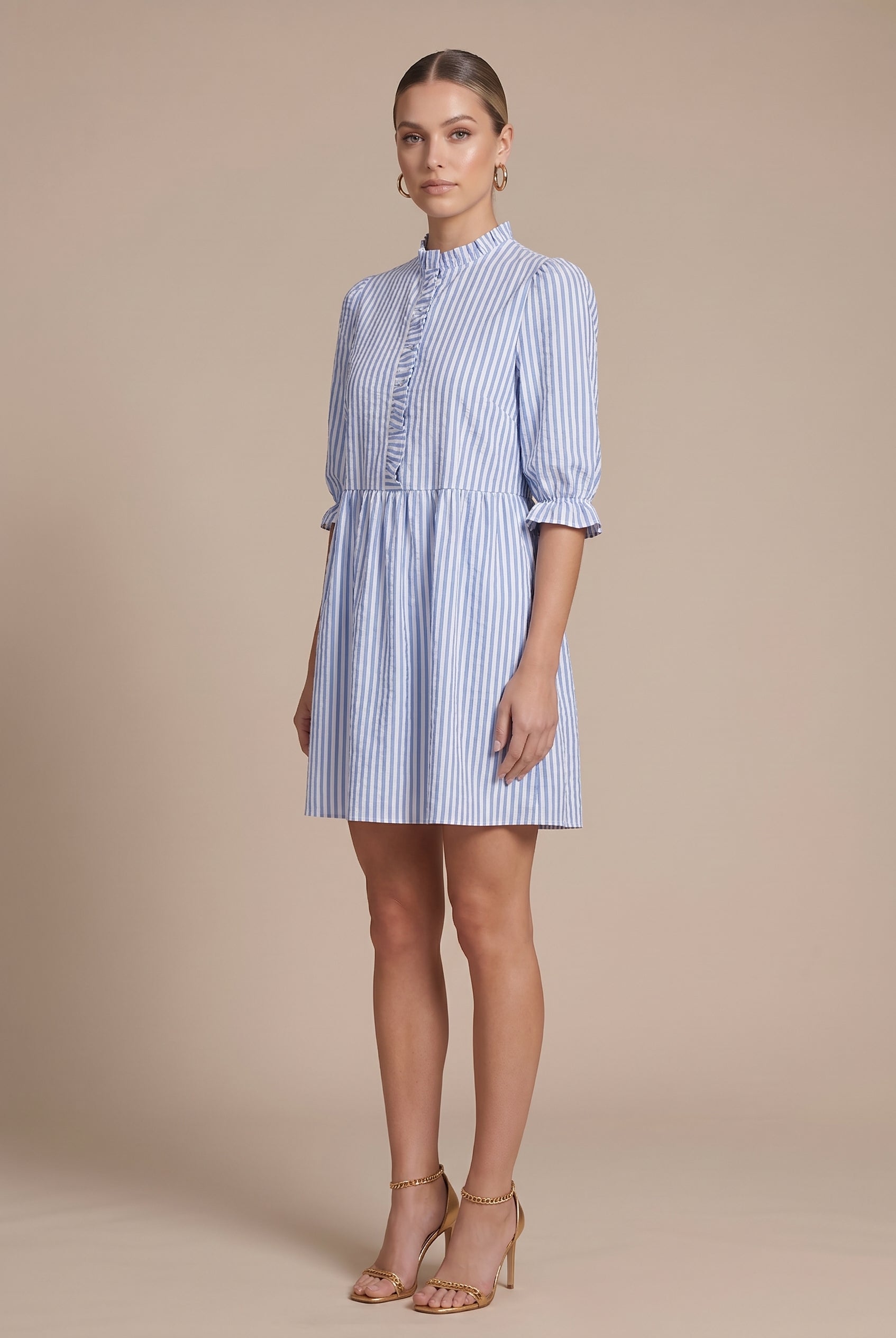 Women's Vintage Striped Puff Sleeve Dress – Stand Collar Lace-Up Front A-Line High-Waisted