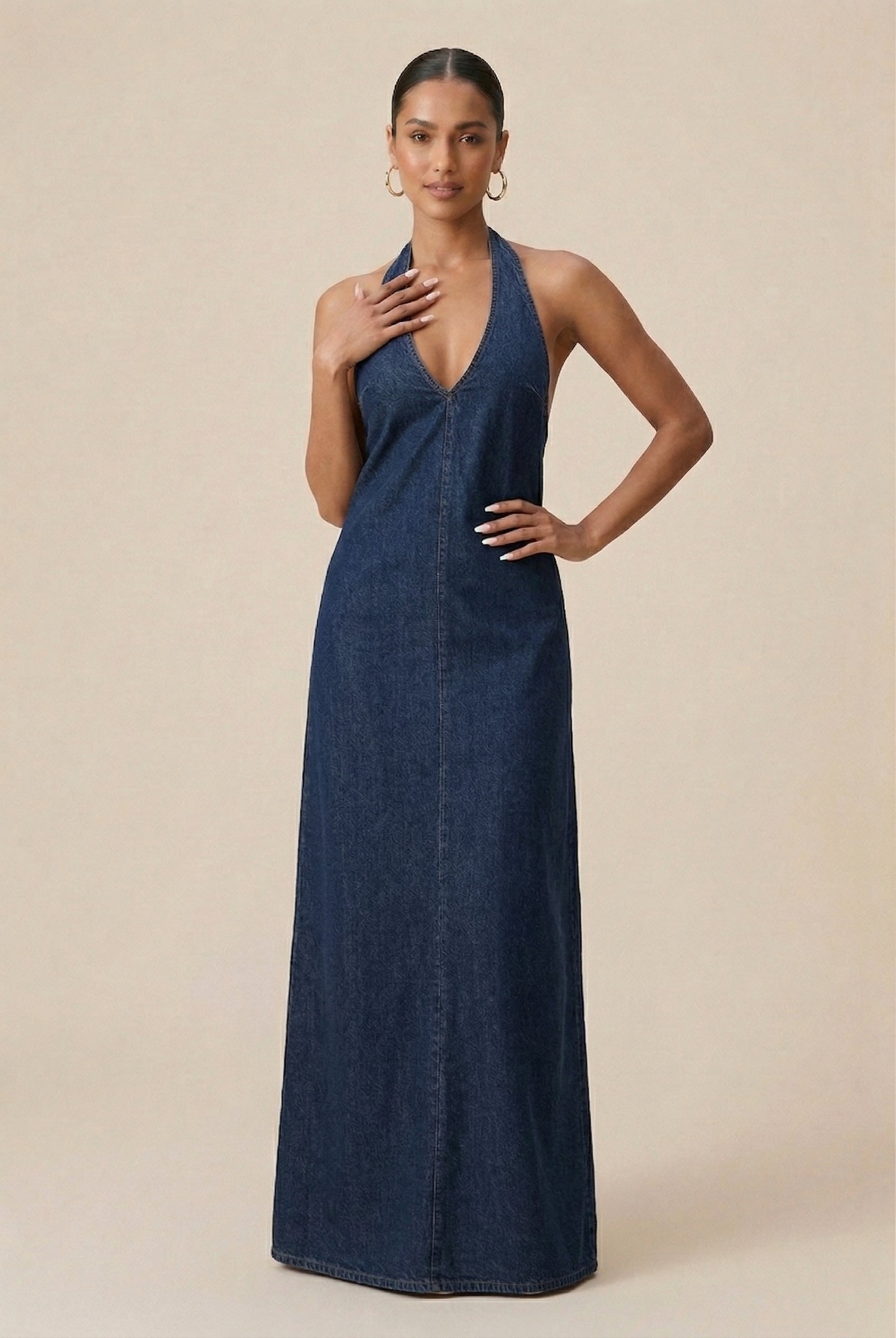 Women’s Halter Denim Maxi Dress – Sleeveless Button-Front