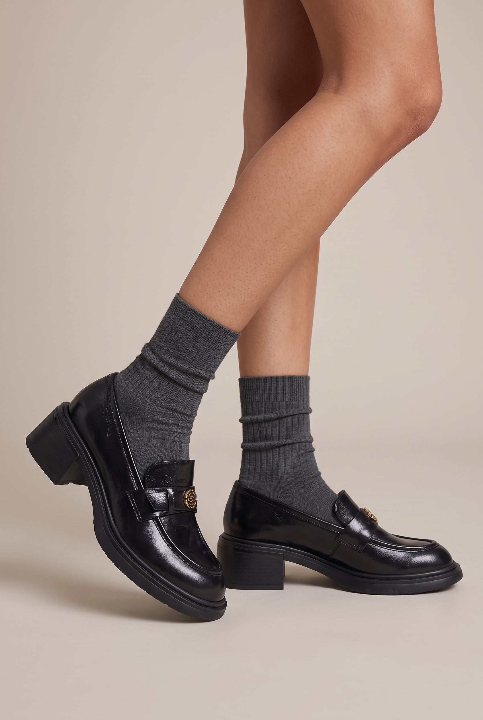Crescent | Genuine Leather Block Heel Loafers Round-Toe Slip-On Camellia British Shoes