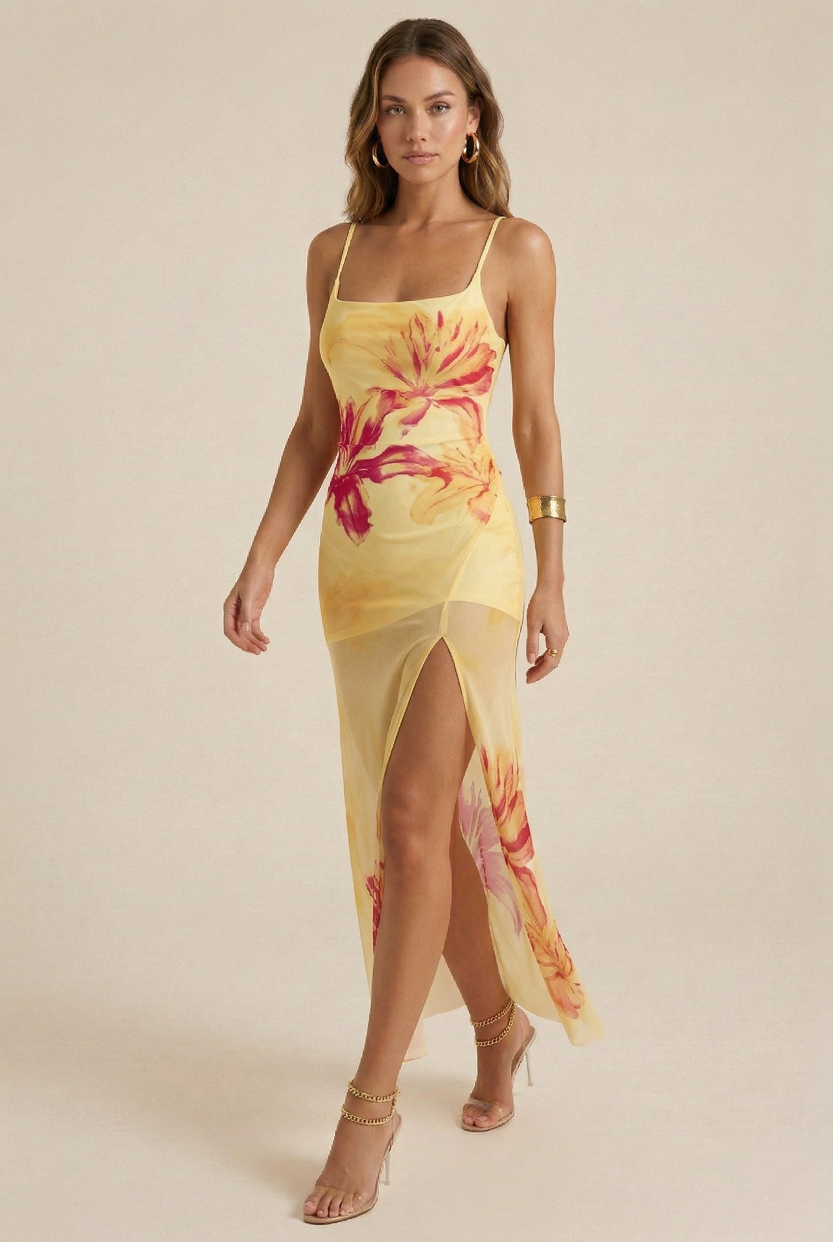Women’s Pleated Print Tulle Slip Dress – Sleeveless, Slimming Fit, Elegant Design