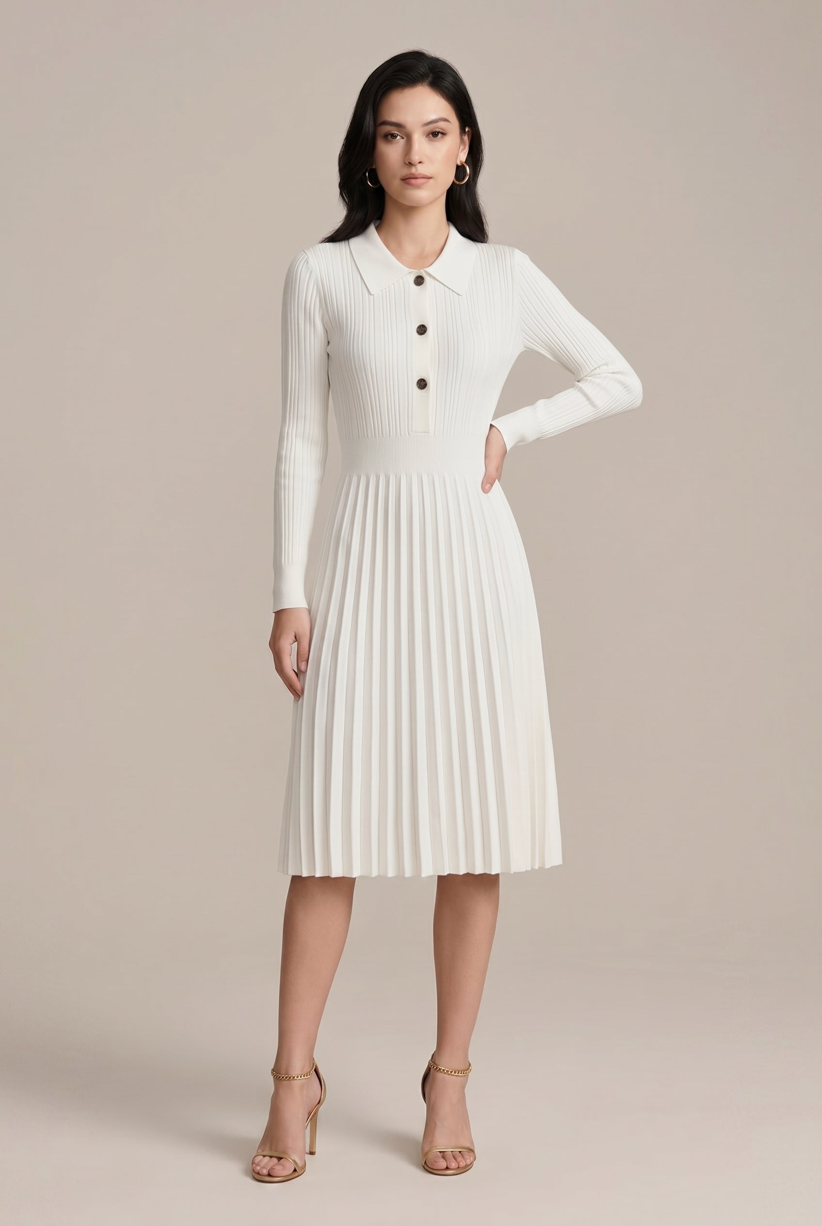 Women's French Style Knitted A-Line Midi Dress – Long Sleeve Peter Pan Collar Jacquard Dress Luna Body Co