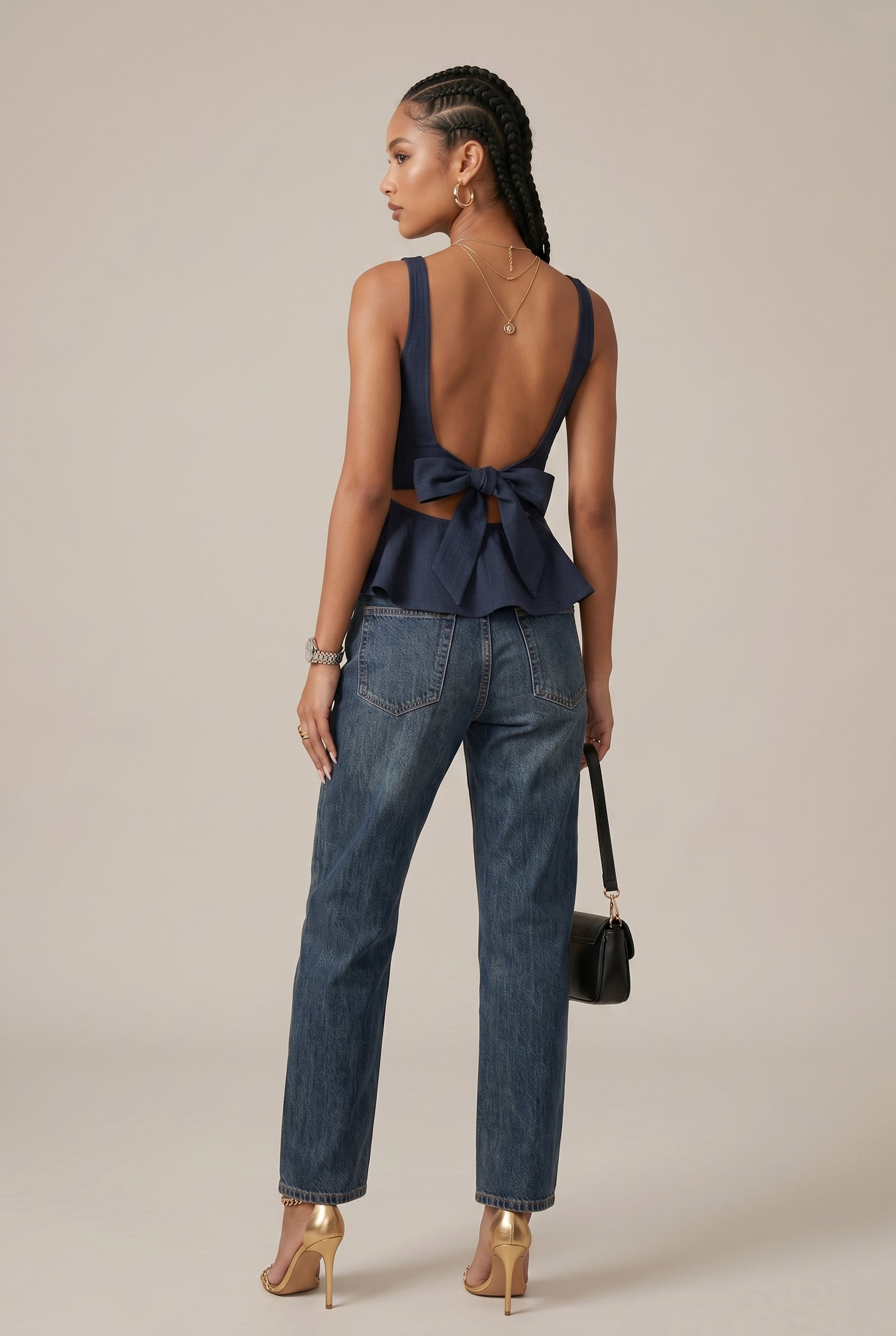 Women's Asymmetrical Ruffled Hem Backless Top – Sleeveless Bow-Tie Waist Loose Fit Blouse