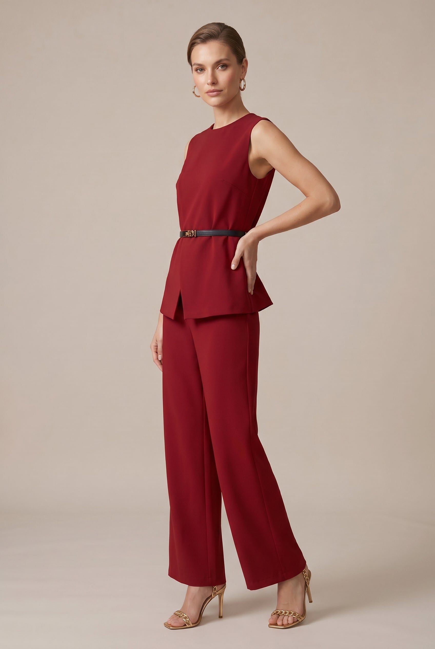 Women's Sleeveless Two-Piece Pants Suit – Casual Solid Color Elastic Waist Top & Full-Length Trousers Set