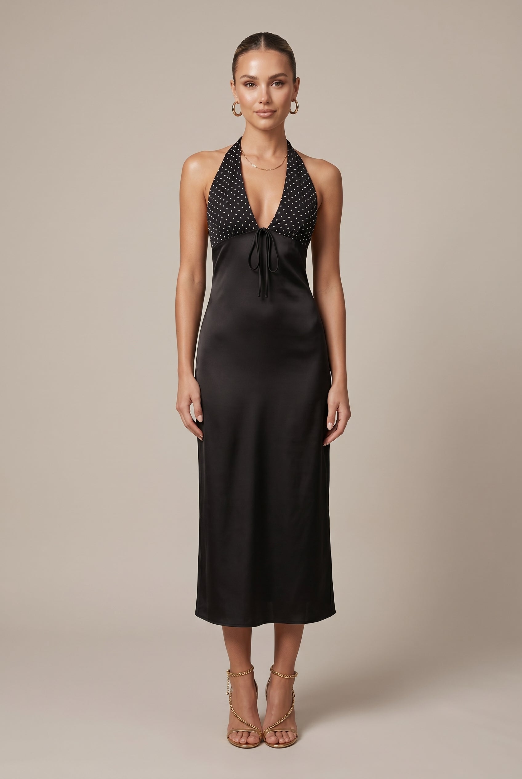 Women's Chic Polka Dot Halter Neck Maxi Dress – Deep V-Neck A-Line Sleeveless Long Dress with Adjustable Waist