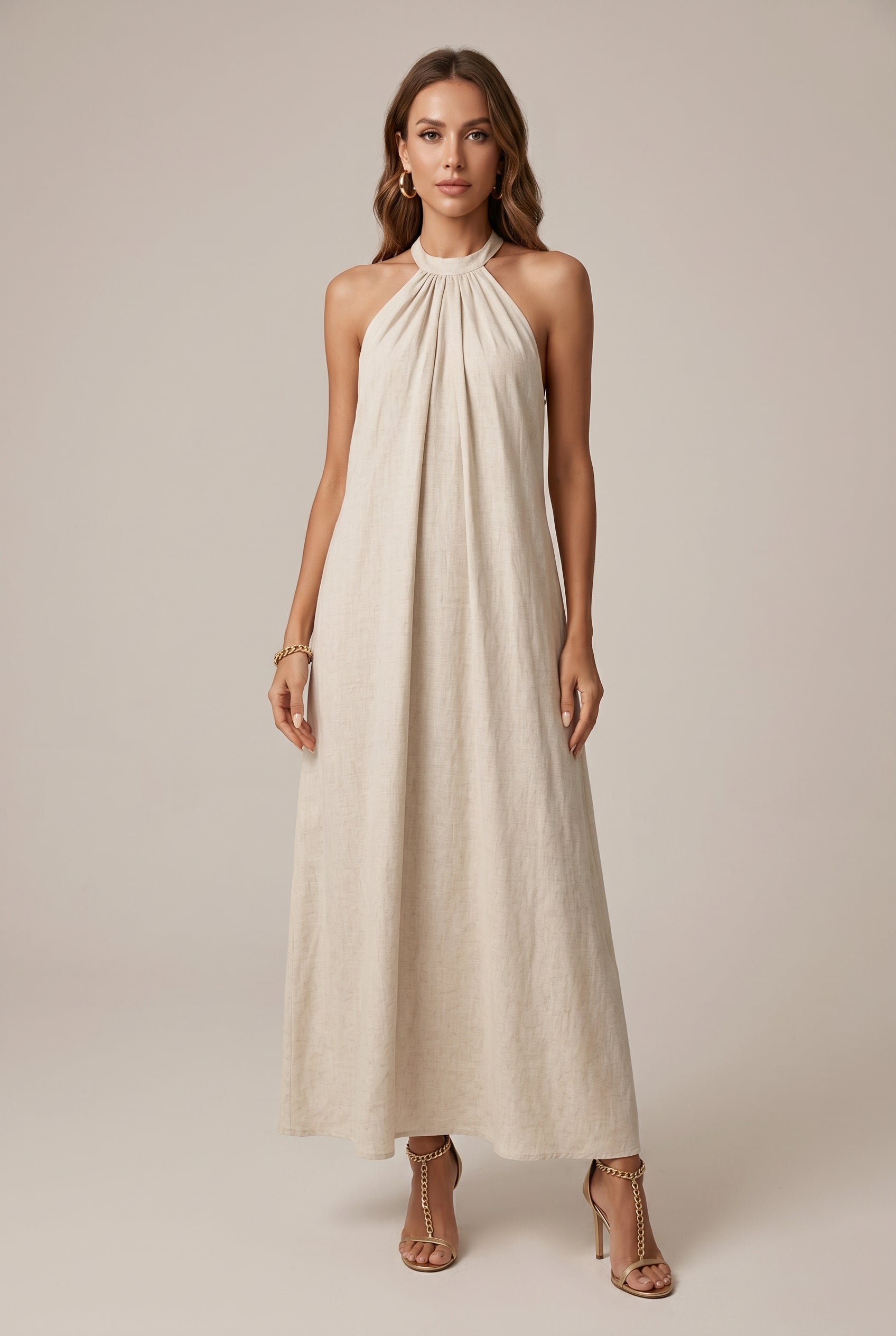 Women's Casual Solid Color Halter Neck Maxi Dress – Sleeveless Loose Fit Knit Long Slip Dress