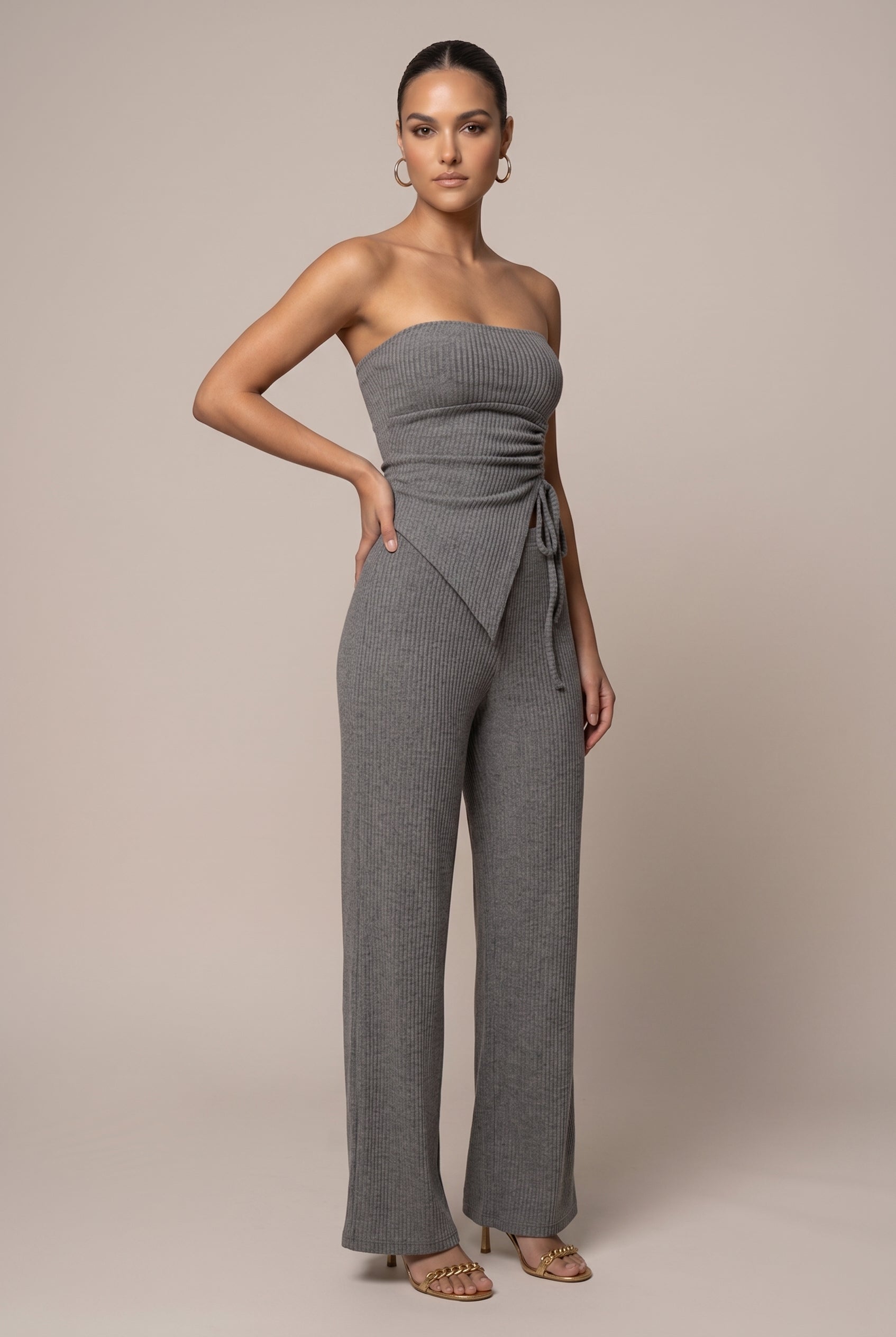Women's Wrap Chest Sleeveless Two-Piece Set – Drawstring Wide-Leg Pants & Split Top Elegant Suit