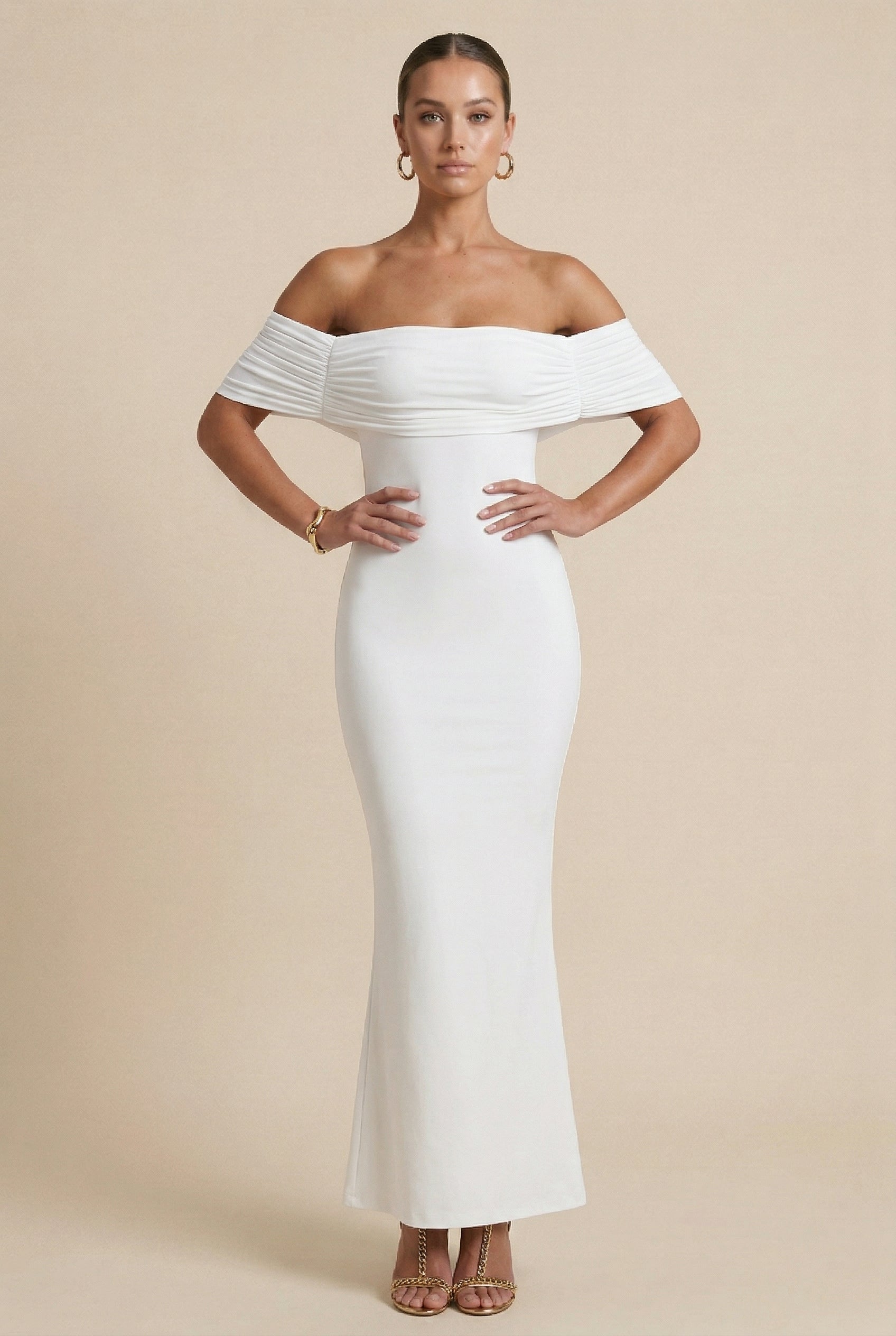 Women’s Off-the-Shoulder Bodycon Dress – Backless, Pleated Detailing, Slim Fit