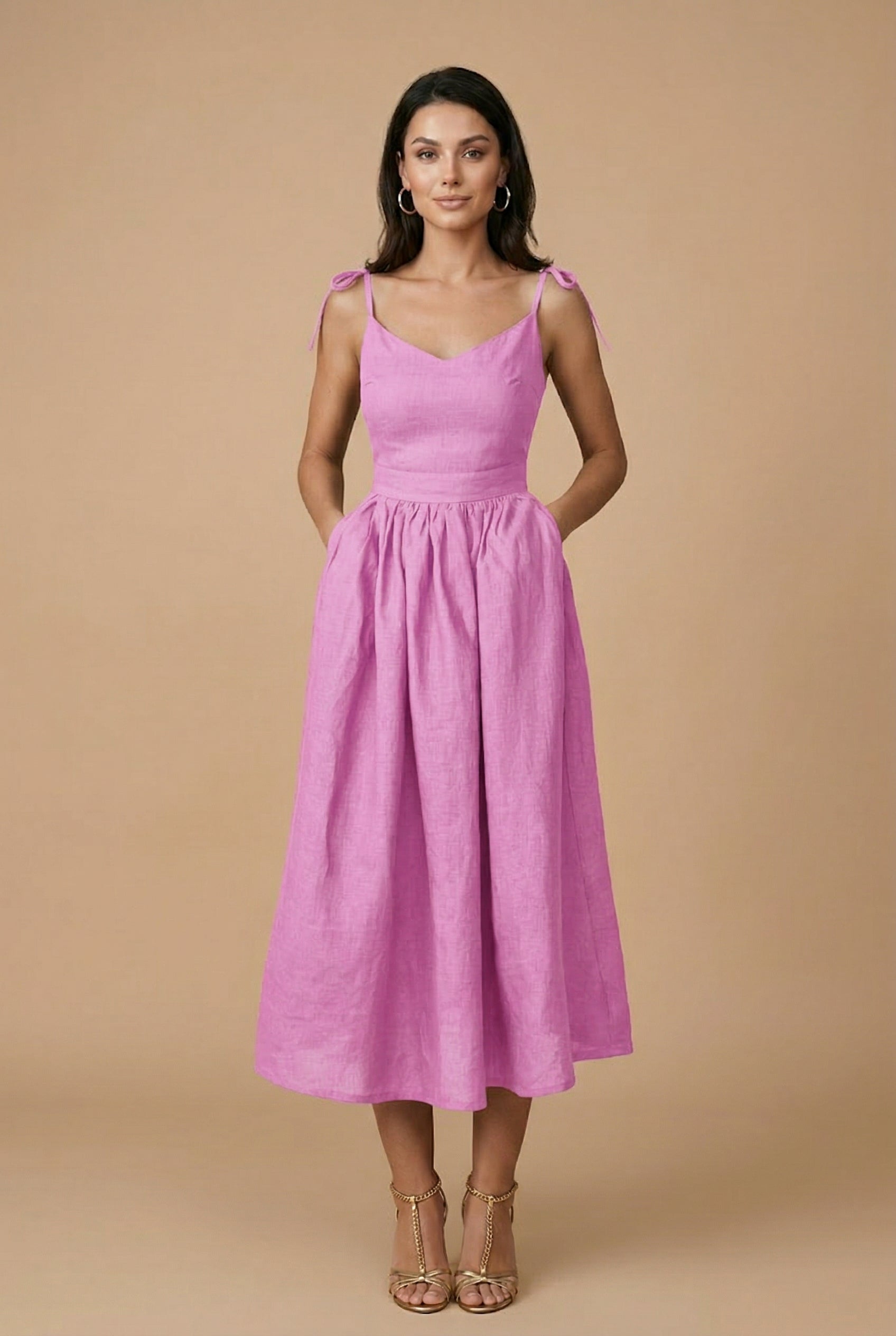 Women’s Cotton Linen Sleeveless Suspender Dress – High Waist, V-Neck, Tie Front