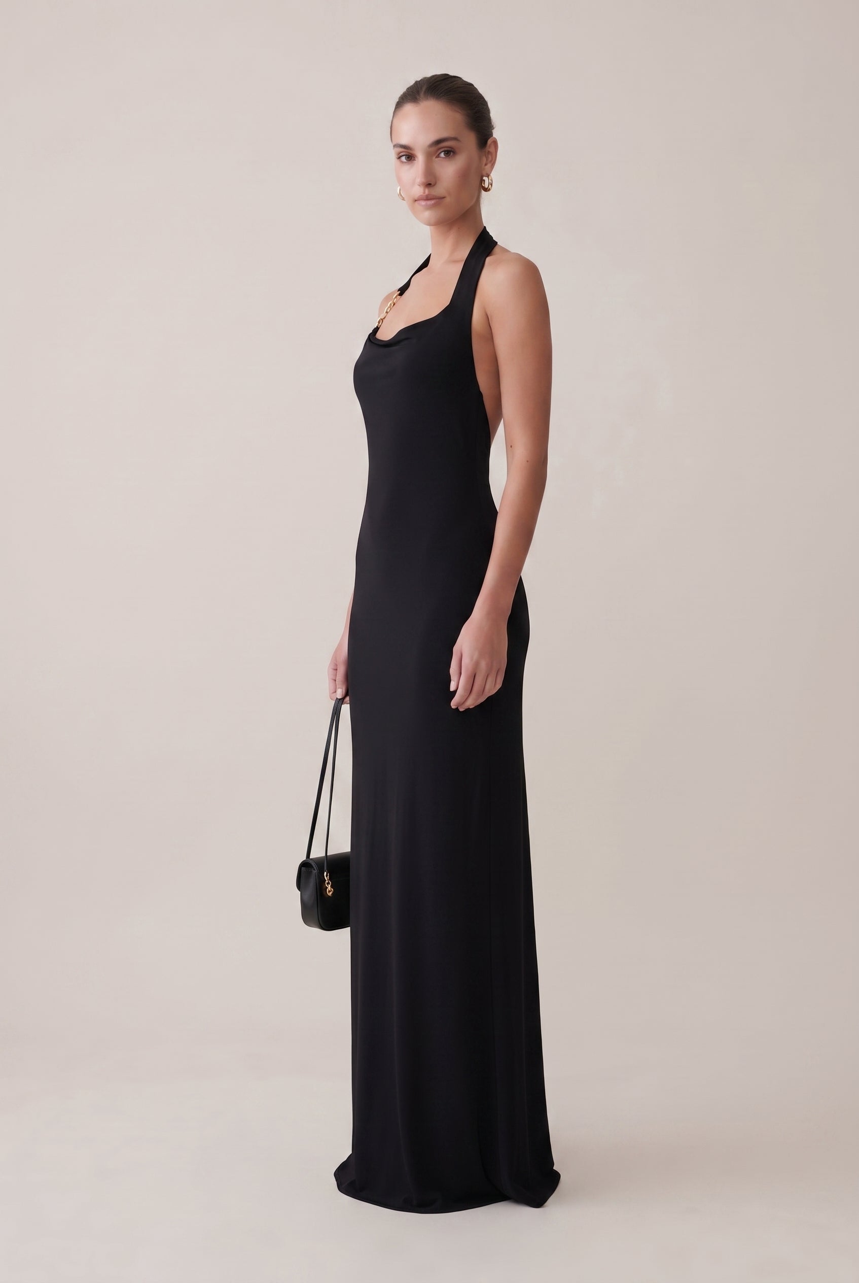 Women's Black Halter Neck Maxi Dress – Backless Sleeveless Slim Fit Mid-Waist Evening Gown