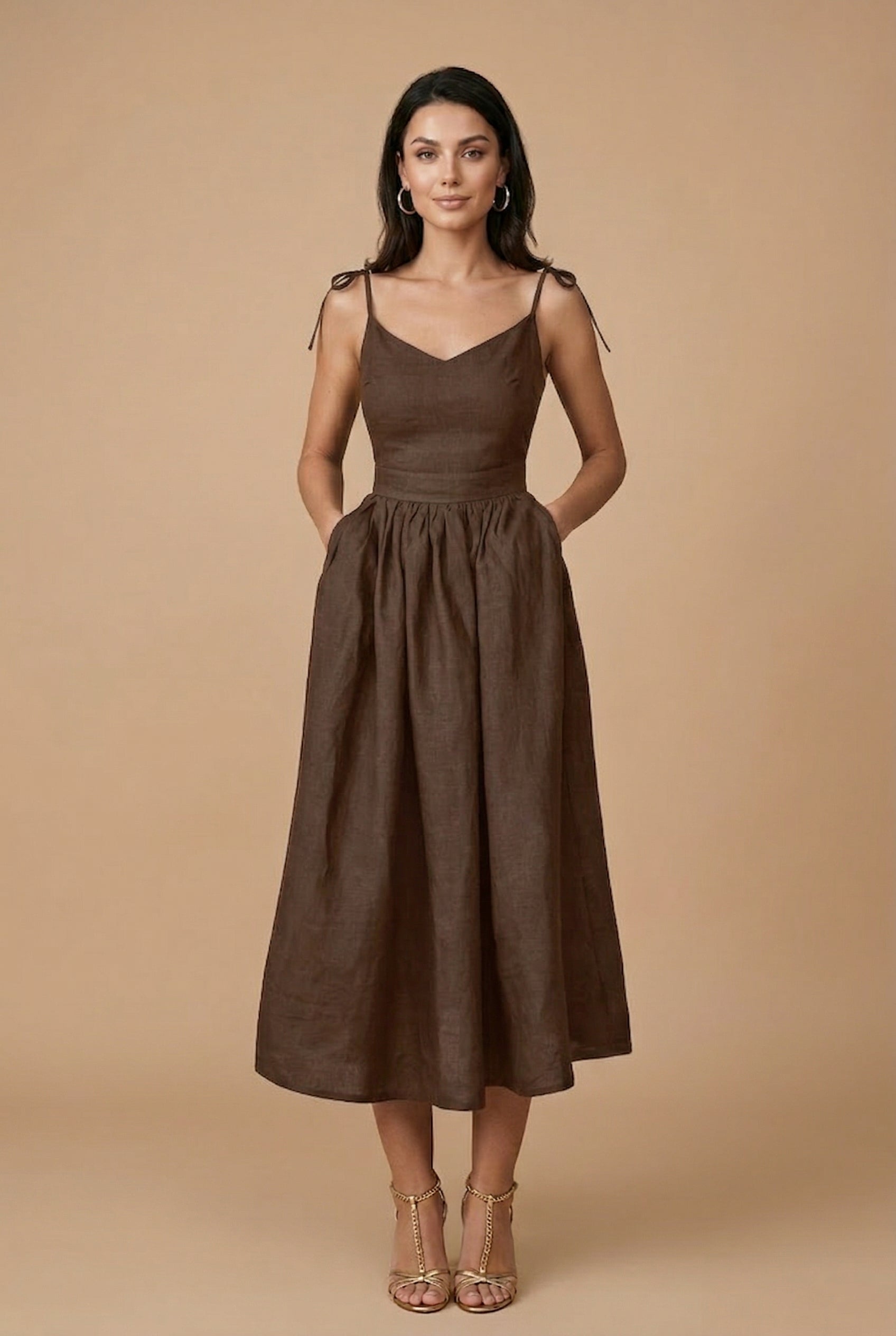 Women’s Cotton Linen Sleeveless Suspender Dress – High Waist, V-Neck, Tie Front