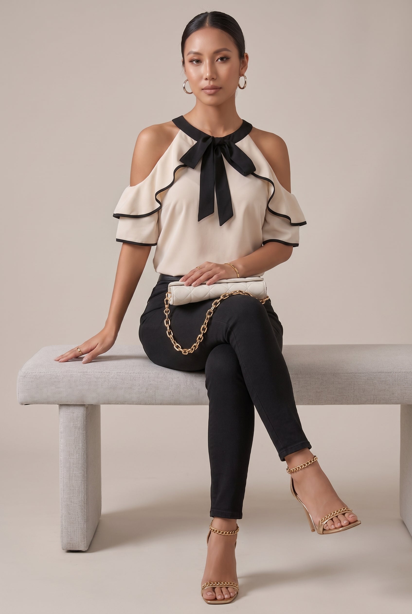 Women's Bow-Tie Collar Pullover Blouse — Short Sleeve U-Neck Polyester Work Top