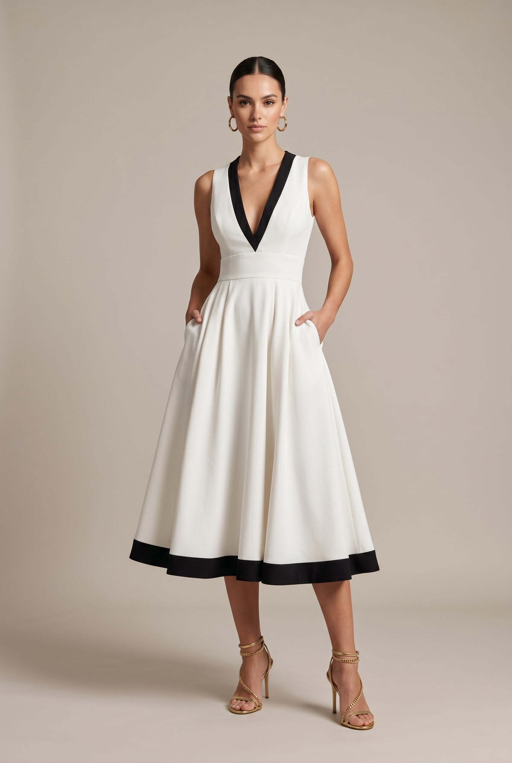 Women's Color Block Sleeveless V-Neck Midi Dress – Slim Fit High-Waisted Patchwork Pullover