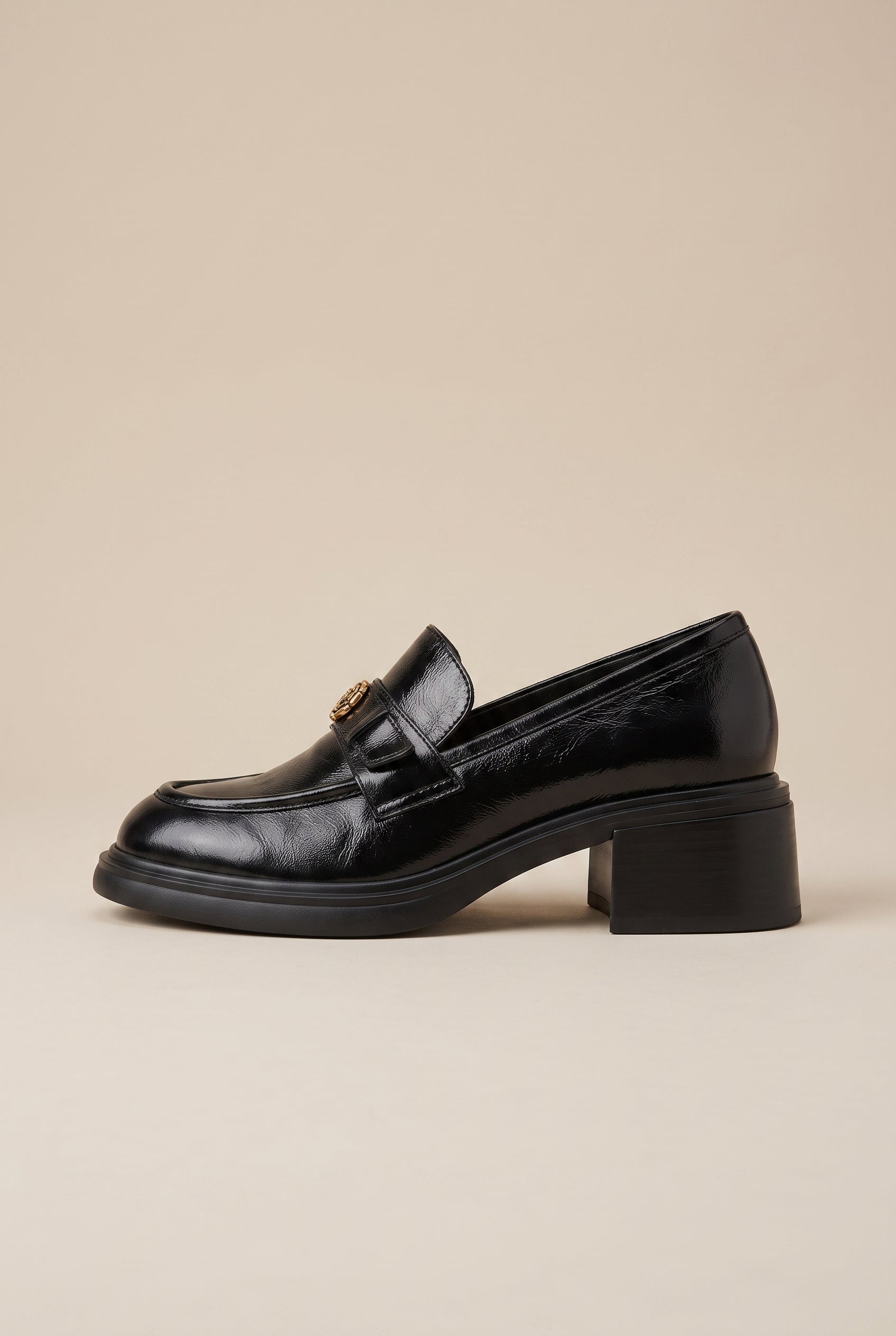 Crescent | Genuine Leather Block Heel Loafers Round-Toe Slip-On Camellia British Shoes