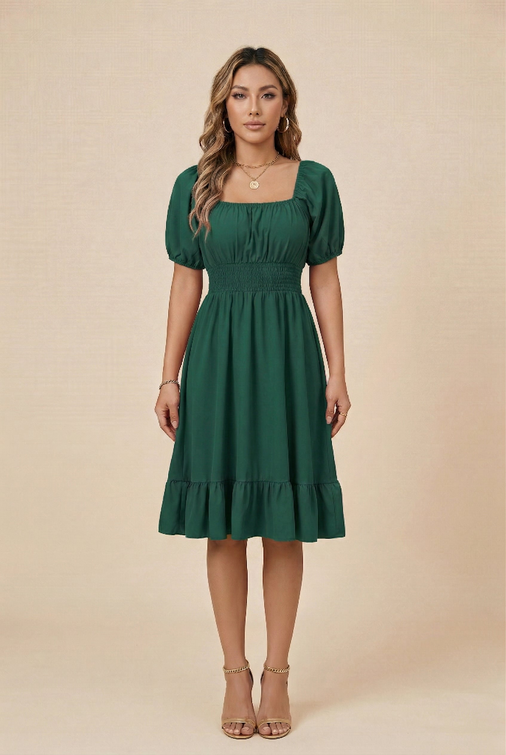 Women’s Square Neck A-Line Skirt – Mid-Waist, Ruffle Detail, Slim Fit