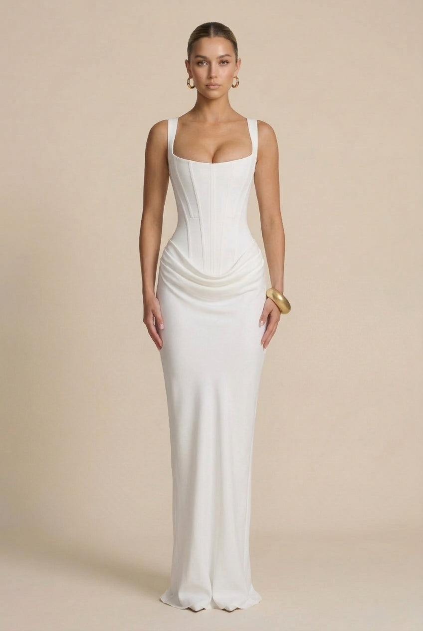 Elegant Long-Sleeved Slim-Fit Maxi Dress with Spaghetti Straps