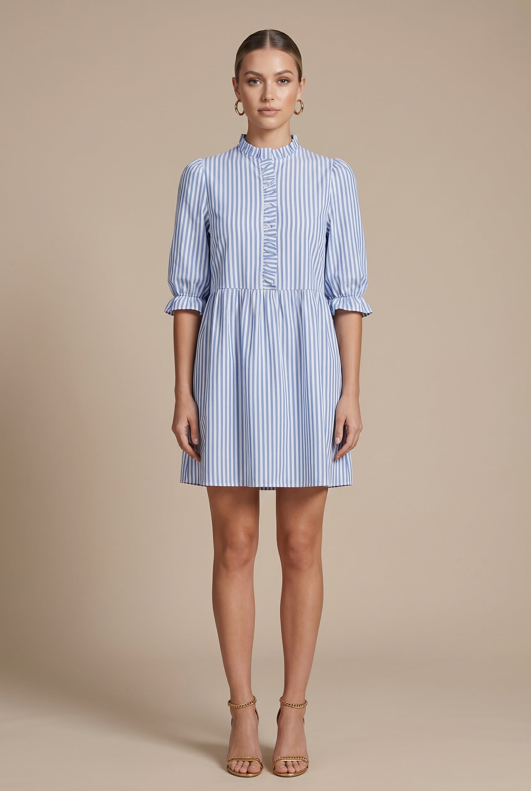 Women's Vintage Striped Puff Sleeve Dress – Stand Collar Lace-Up Front A-Line High-Waisted