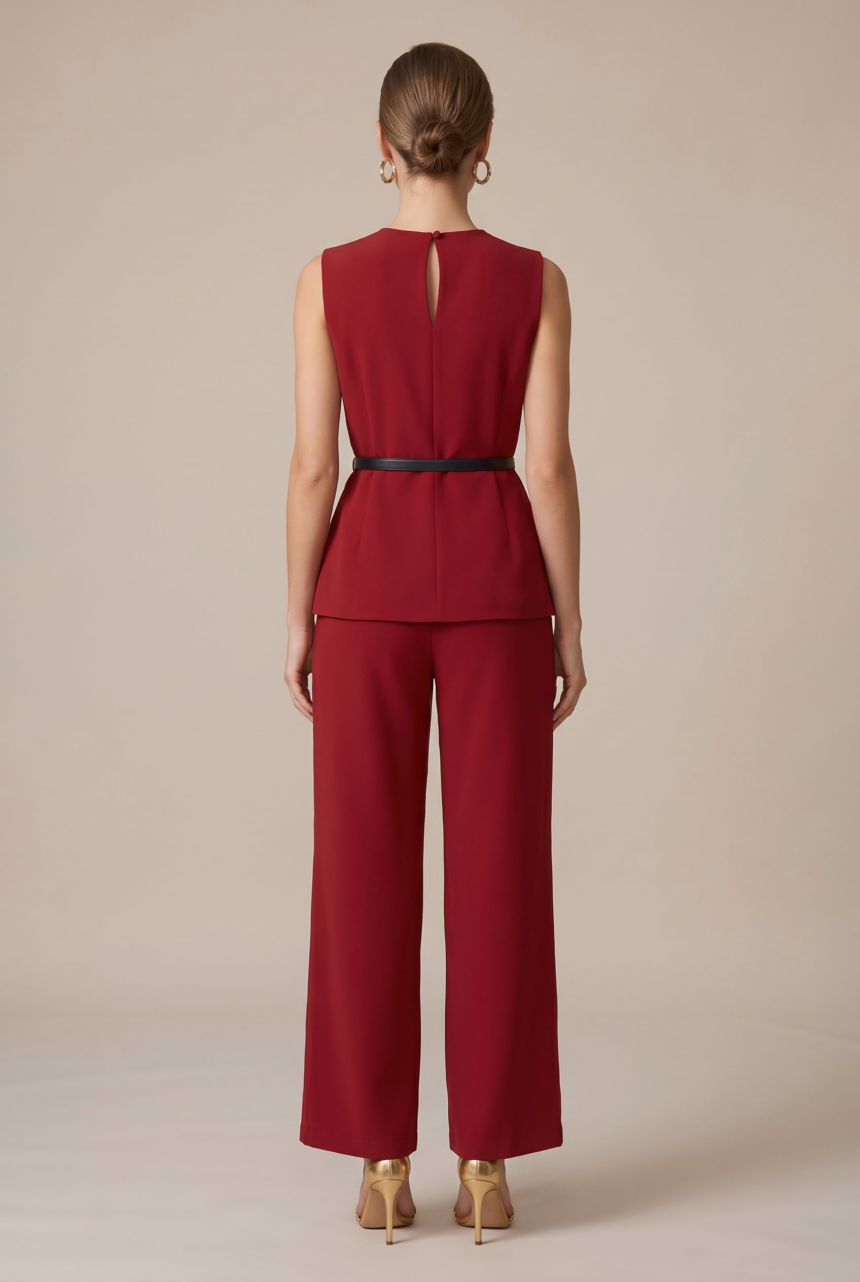 Women's Sleeveless Two-Piece Pants Suit – Casual Solid Color Elastic Waist Top & Full-Length Trousers Set