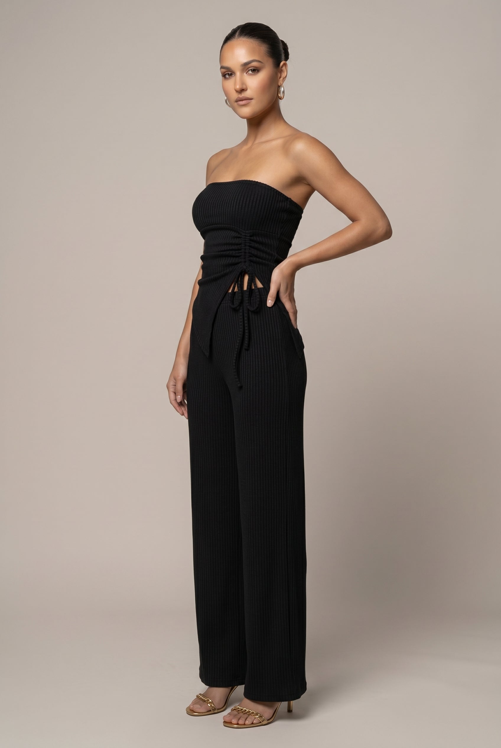 Women's Wrap Chest Sleeveless Two-Piece Set – Drawstring Wide-Leg Pants & Split Top Elegant Suit