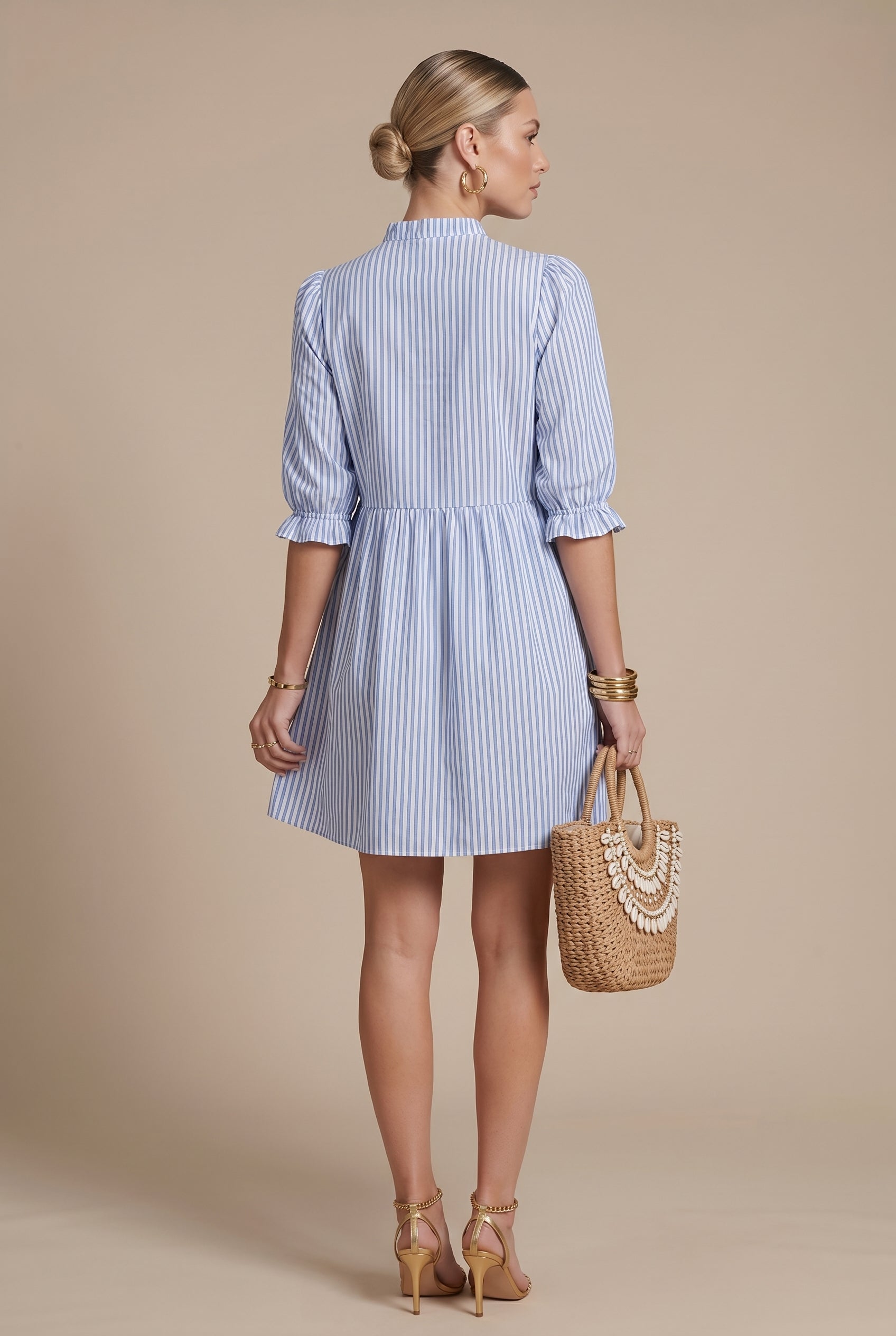 Women's Vintage Striped Puff Sleeve Dress – Stand Collar Lace-Up Front A-Line High-Waisted