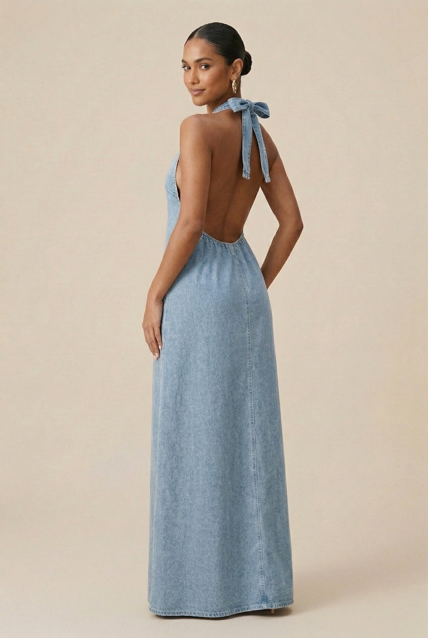 Women’s Halter Denim Maxi Dress – Sleeveless Button-Front